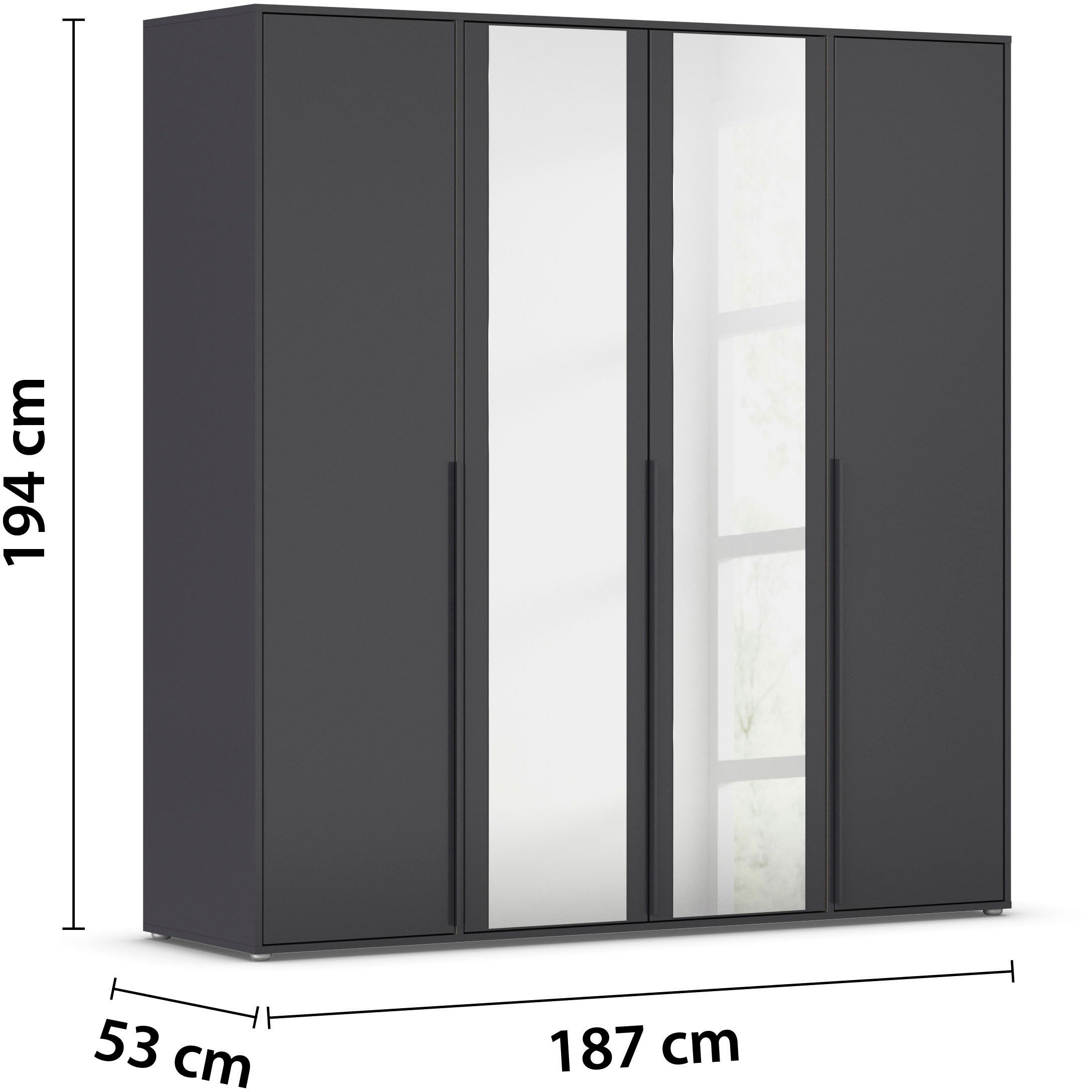 rauch Drehtürenschrank »Kleiderschrank Schrank Garderobe Wäscheschrank NAGATA mit Spiegel«, (in 3 verschiedenen Ausstattungen BASIC/CLASSIC/PREMIUM), und modernen Stangengriffen in Graumetallic TOPSELLER MADE IN GERMANY