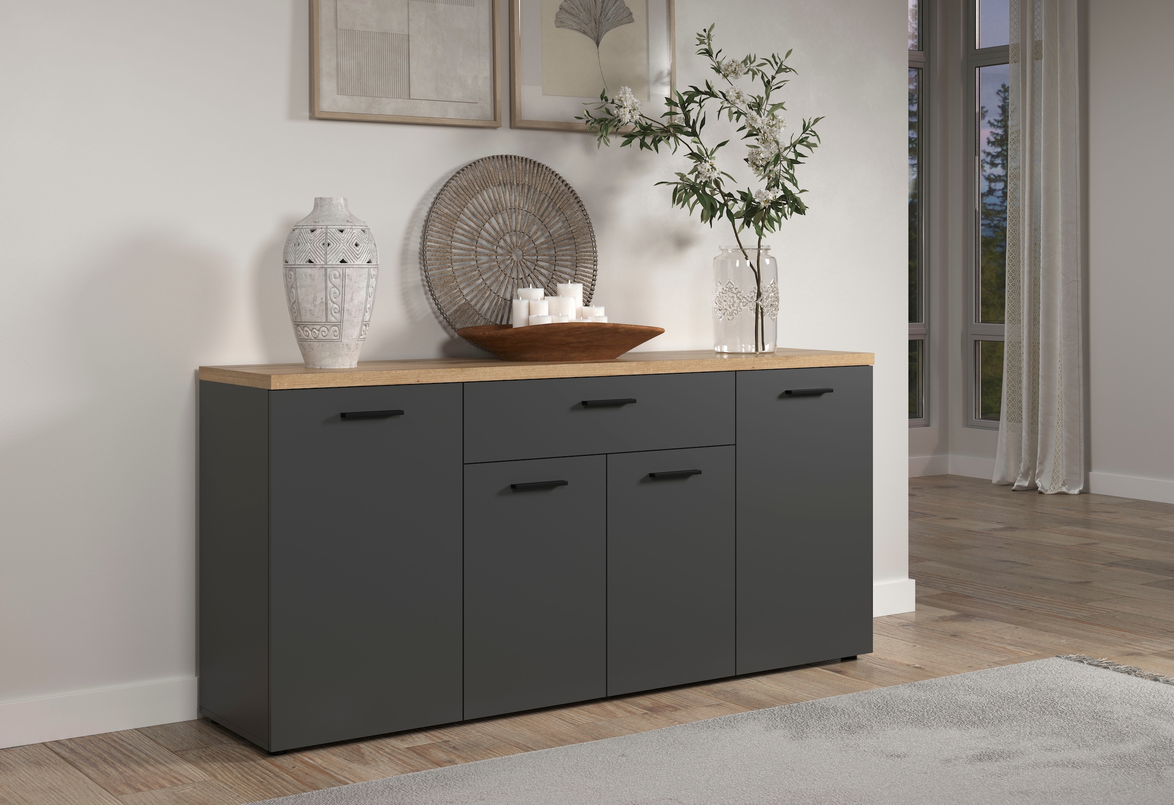 Home affaire Sideboard »Bajo« 1 Stk. tlg. Kommode mit 4 Türen und 1 Schubkasten – (B/T/H) 180/42/85 cm