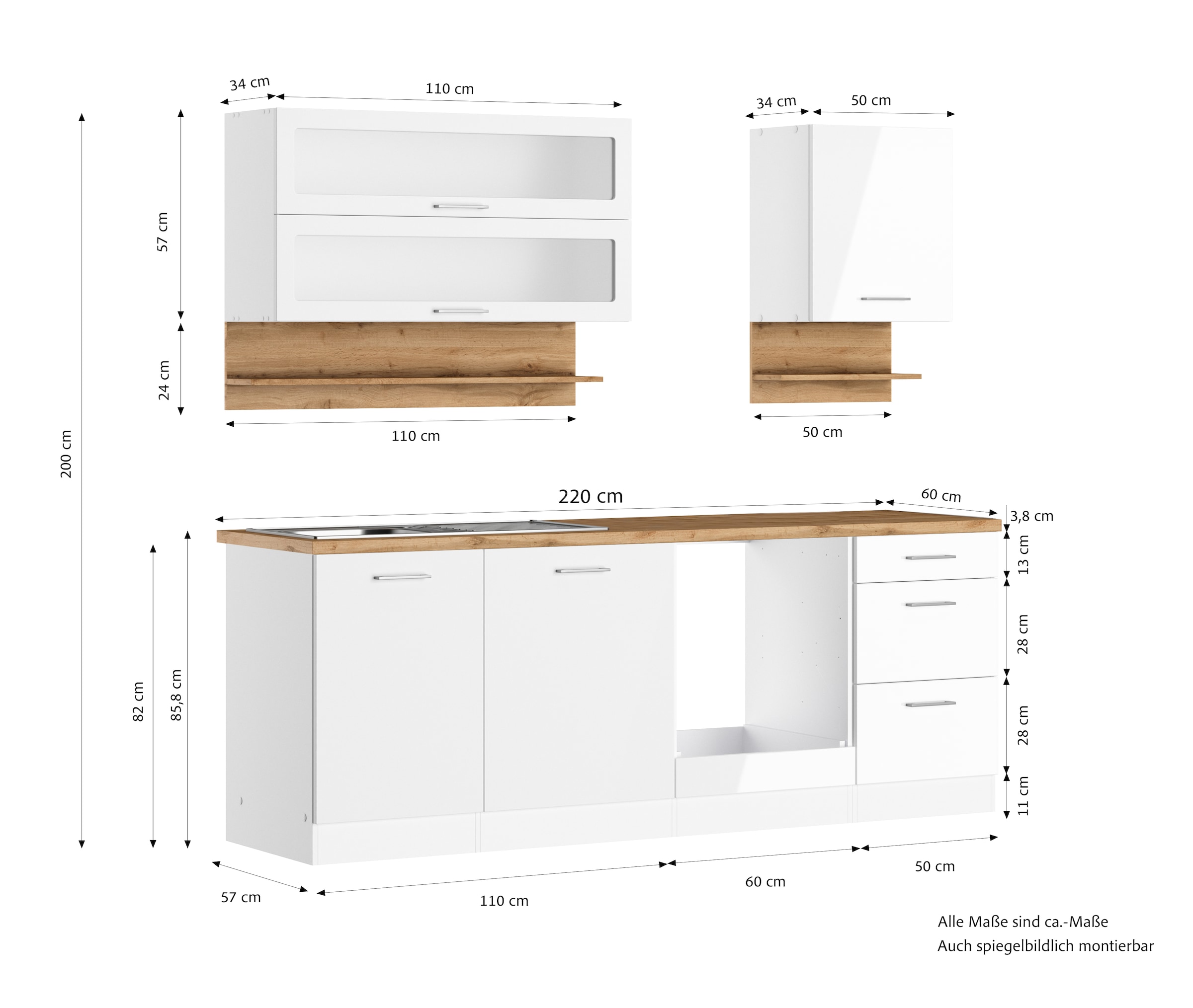 KOCHSTATION Küchenzeile »KS-Milan«, 220 cm breit, robuste Metallauszüge, viel Stauraum