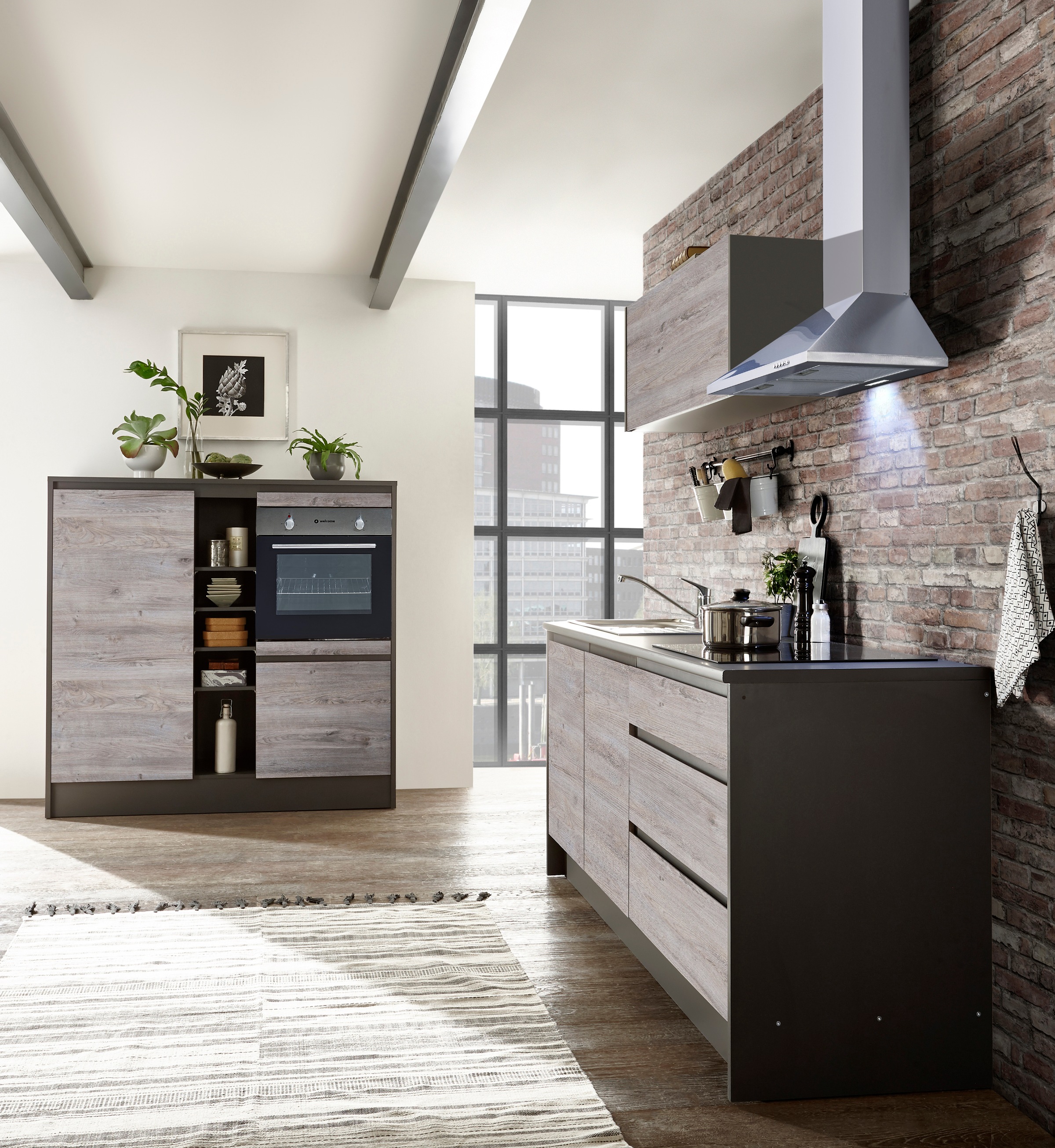 BASIC by Balculina Küchenzeile »Less«, (Set), mit E-Geräten, Breite 210+150 cm