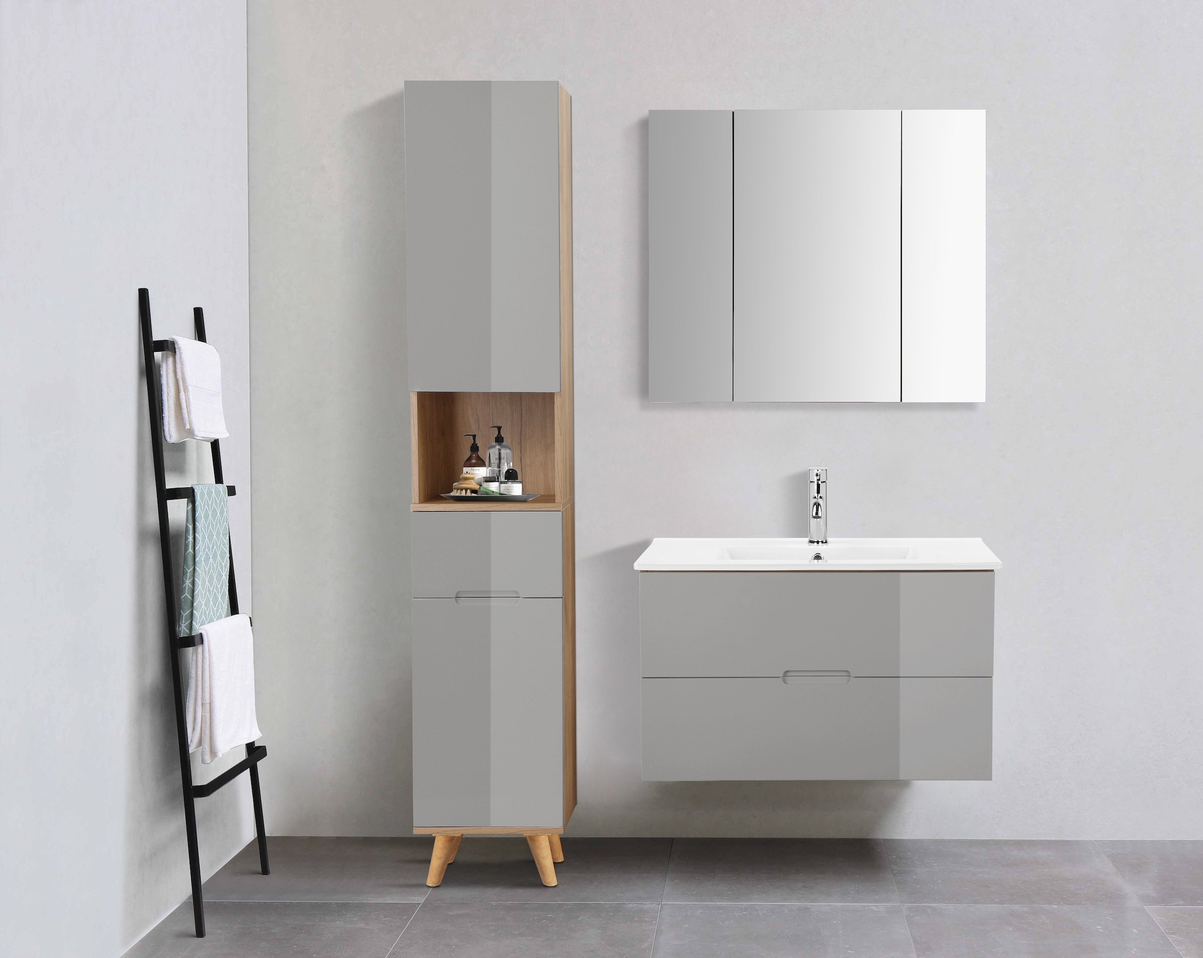 welltime Badmöbel-Set »Lund Badmöbel Set Badschrank Badezimmerset«, (Komplett-Set, 3 St.), Waschtisch, Spiegelschrank und Becken Breite 80cm