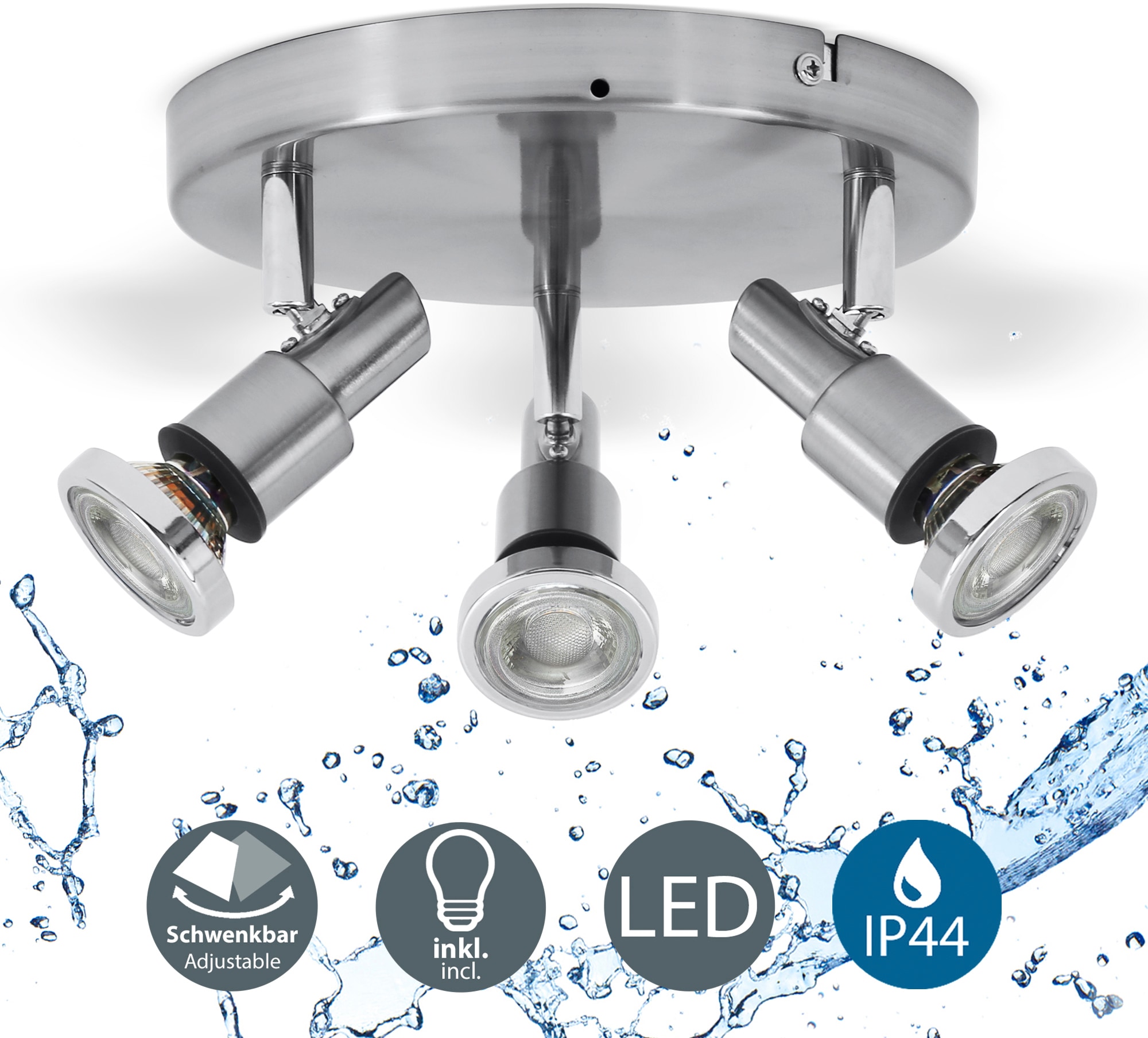 B.K.Licht LED Deckenspot, Schutzart IP44,, inkl. LED Leuchtmittel 3 x GU10, 5 Watt,  400lm, 3.000K,  Strahler dreh- und schwenkbar
