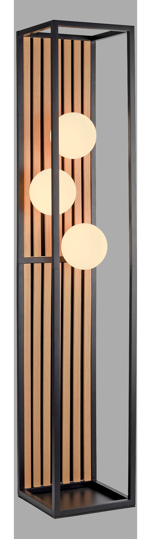 Leonique Stehlampe »Erinette Akustikpaneele mit Glaskugeln«, 3 flammig, Leuchtmittel E14 | ohne Leuchtmittel-Leuchtmittel wechselbar, Holz, Akustik, Paneele, Glas, opal matt weiß, Stehleuchte, Fußschalter