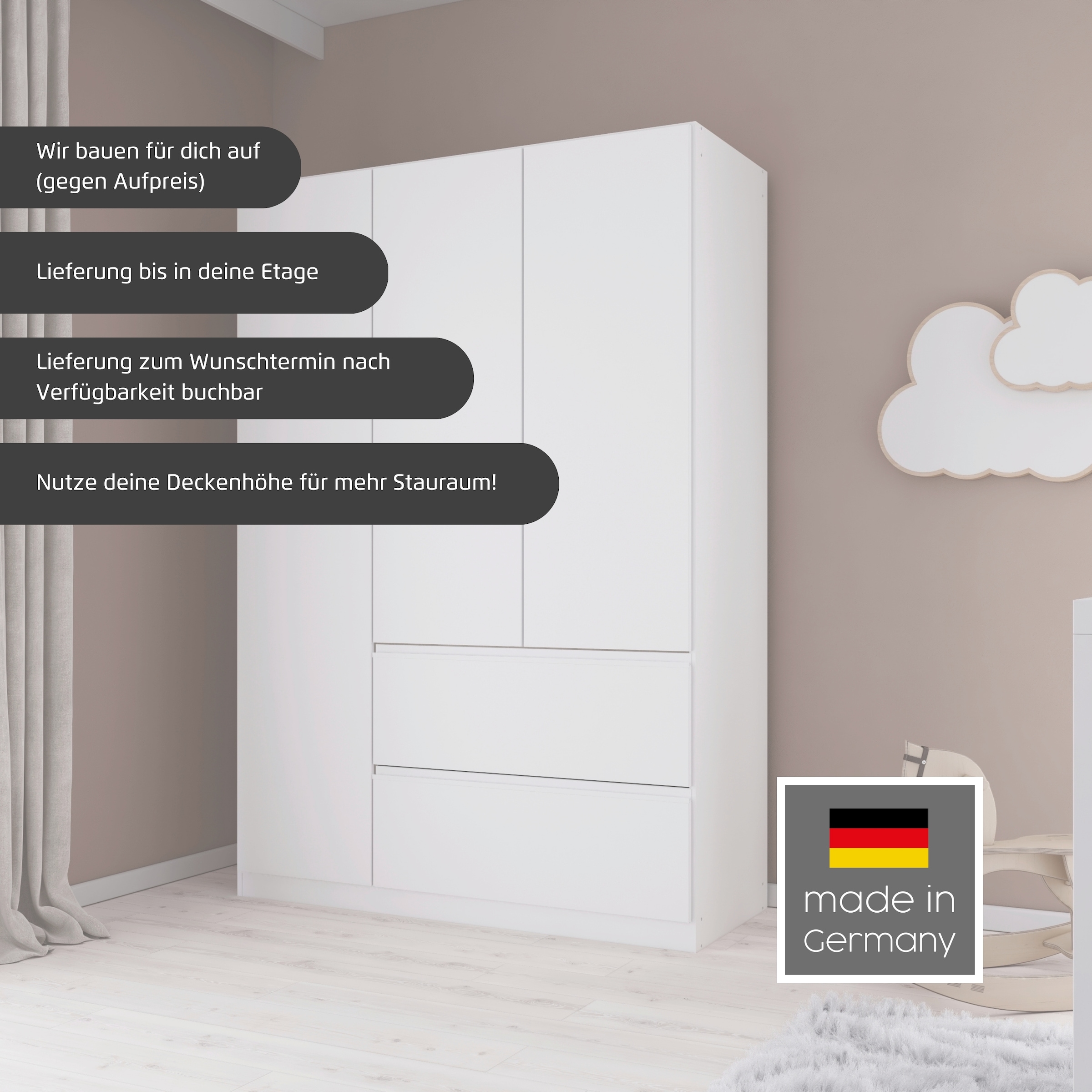 rauch Jugendzimmer-Set »Komplettzimmer Schlafzimmer-Set (5-St.) Jugendzimmer-Set JOEL« Set, 5 Stk. tlg. Bett 2 Breiten,Nachttisch,Tisch,Rollcontainer,Schrank MADE IN GERMANY