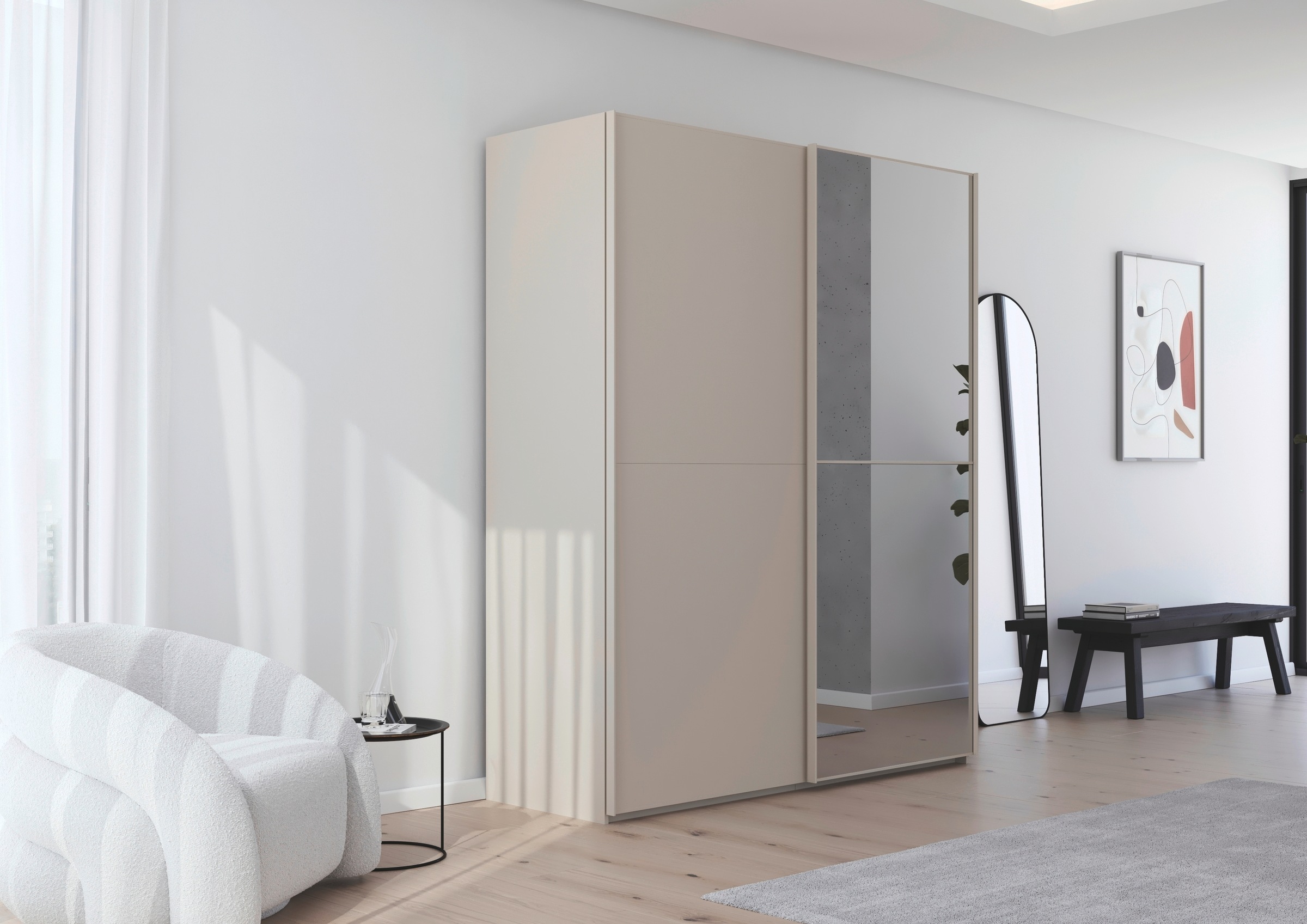 rauch Schwebetürenschrank »Kleiderschrank Schrank Garderobe Schlafzimmerschrank SCALE-DUO«, edle zweigeteilte Türen, Spiegel und 3 Zierleisten MADE IN GERMANY