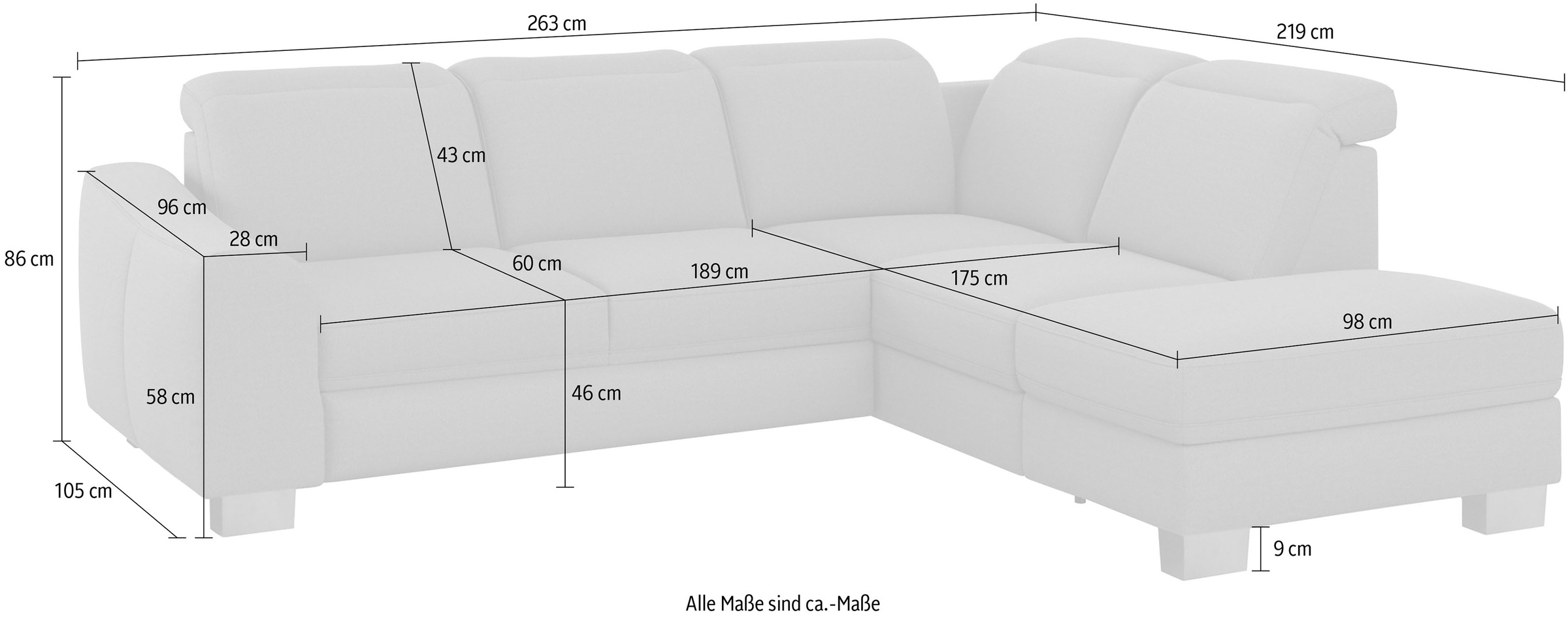 sit&more Ecksofa »Dundee L-Form« mit Federkern und Edelstahlfüßen, wahlweise mit Kopfteilverstellung