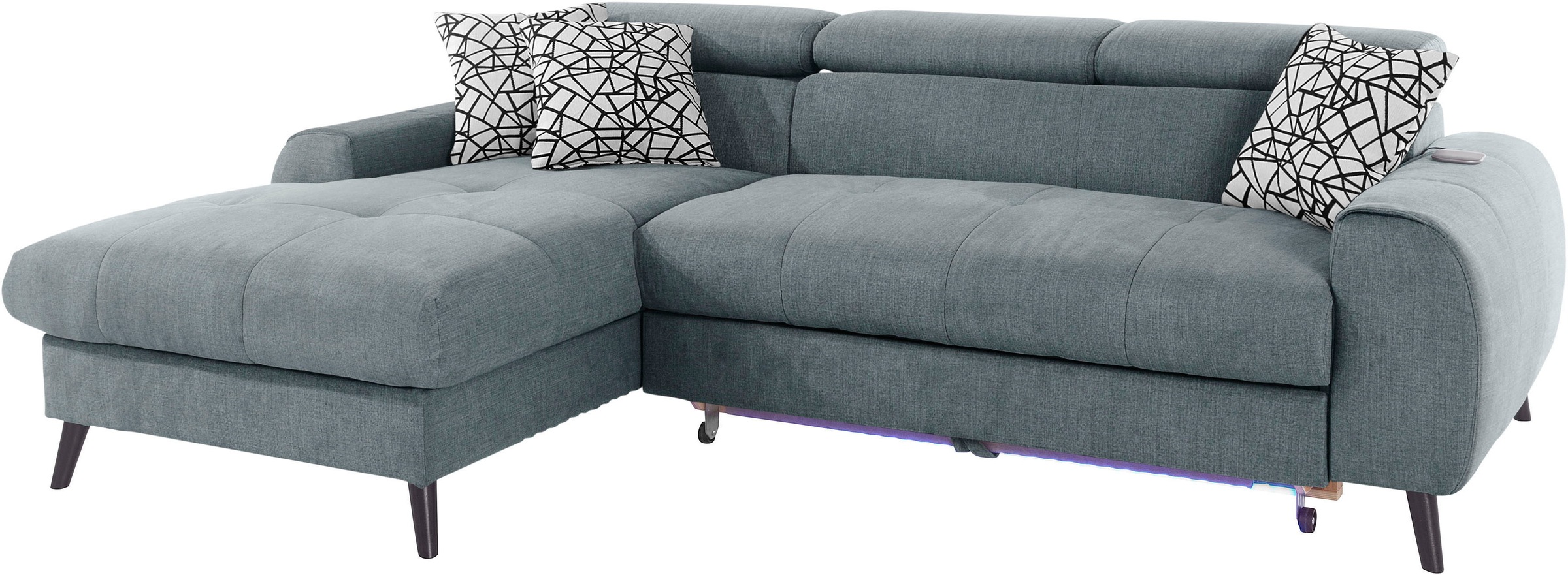 COTTA Ecksofa »Mia L-Form mit 3 Zierkissen«, wahlweise mit Bettfunktion, Bettkasten, Beleuchtung & Wireless-Charger