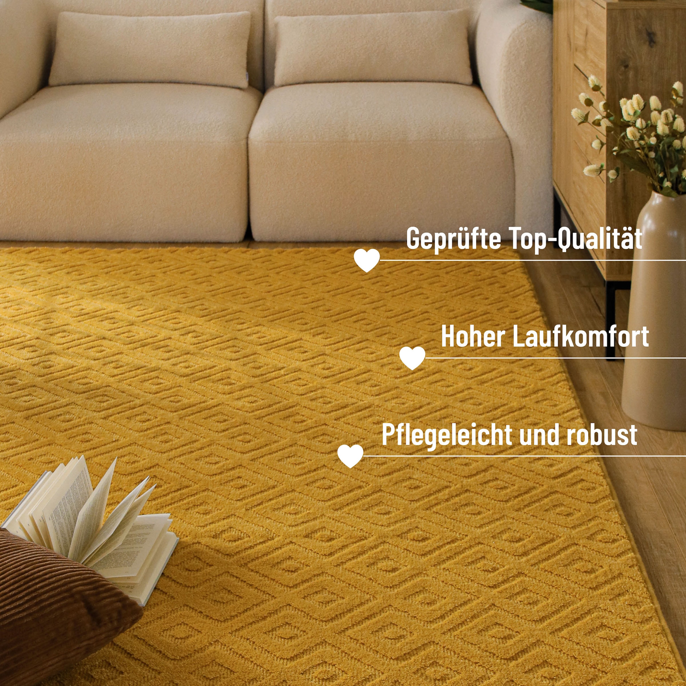 Wecon home Teppich »Castello TWO« rechteckig 7 mm Höhe Schurwolle, Kurzflor mit Hoch-Tief-Effekt, Wohnzimmer, Rautenmuster
