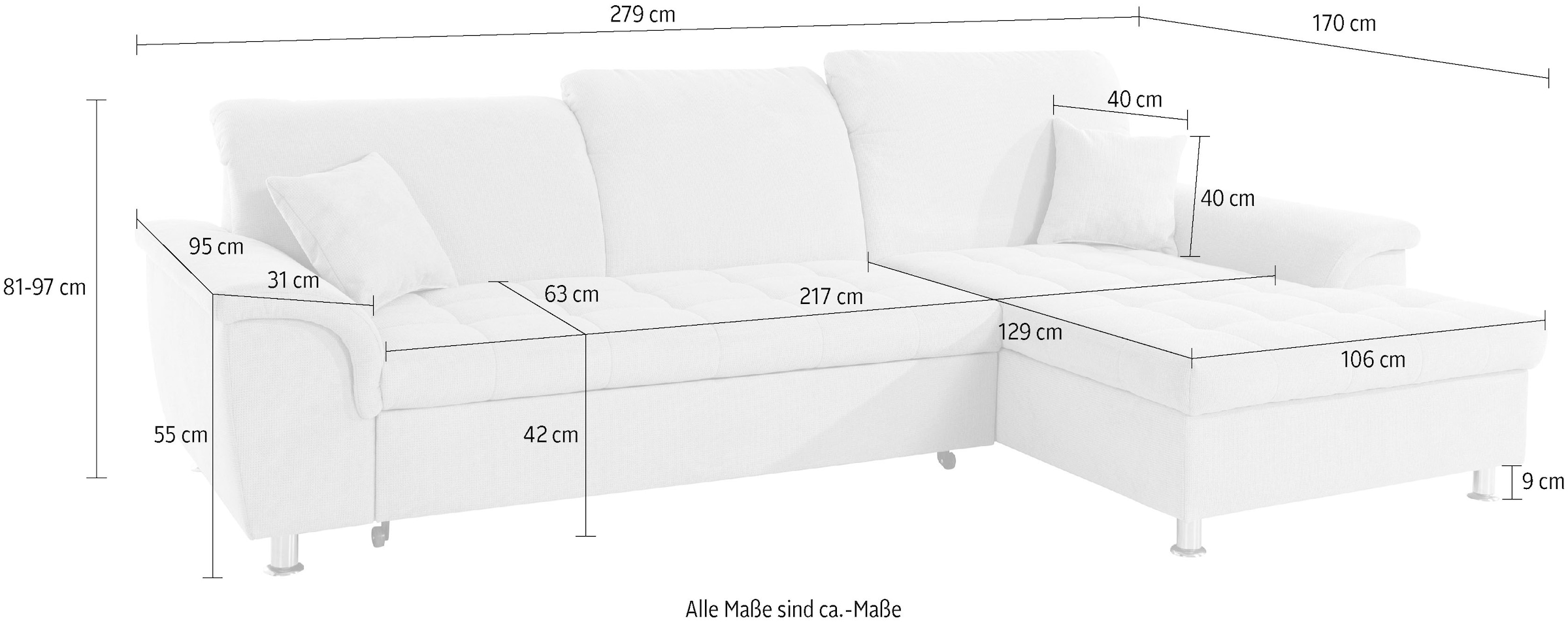 DOMO collection Ecksofa »Franzi, zeitlos und elegant, moderne Sitzheftung, L-Form«, wahlweise mit Kopfteilverstellung (dann Tiefe: 170 cm)