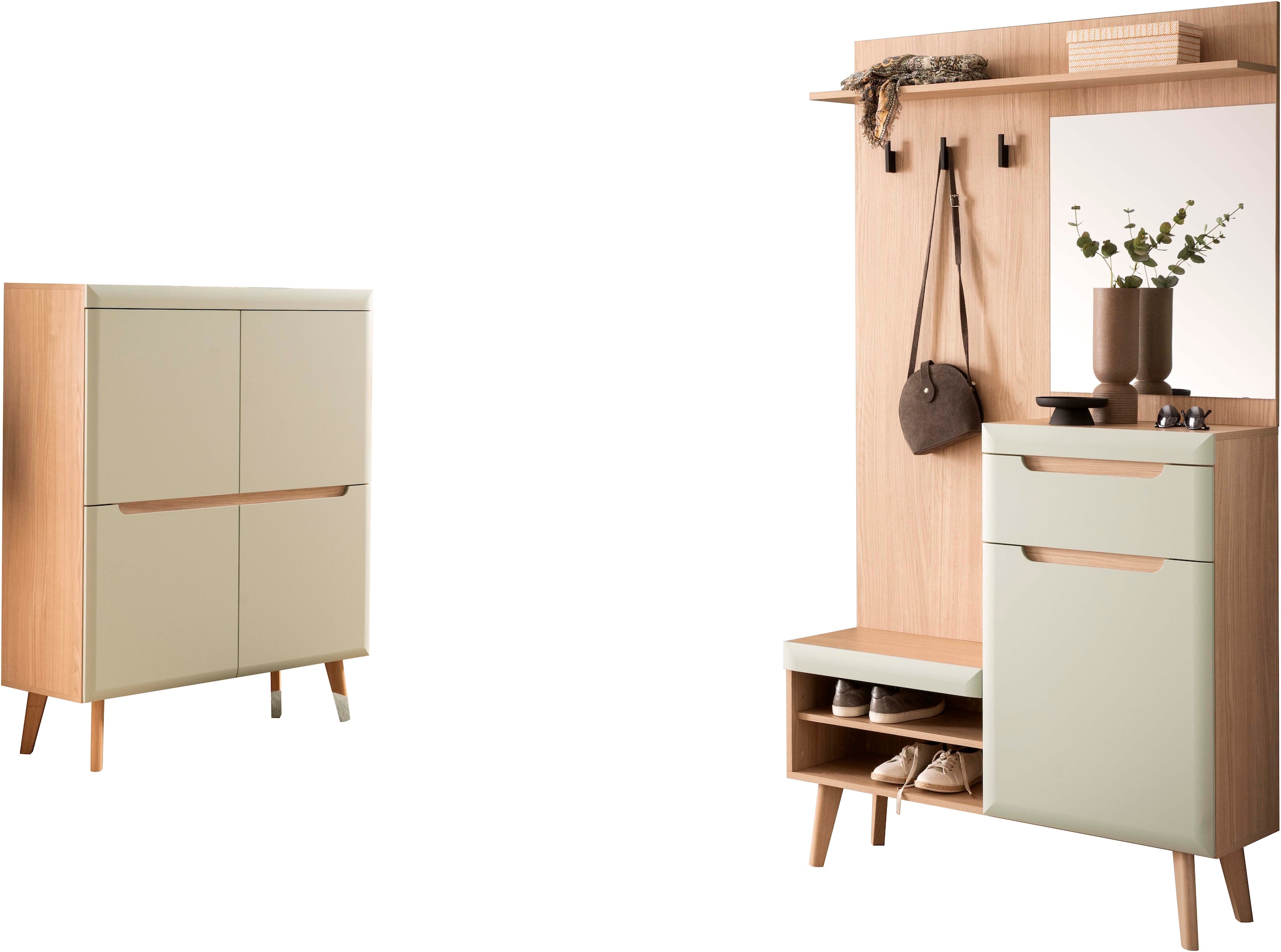Home affaire Garderoben-Set »Torge, Garderobe mit Stauraum, Garderobenschrank im Scandic Design«, (Set, 2 St.), enthält Highboard und Garderobe mit Spiegel, in zwei Farben