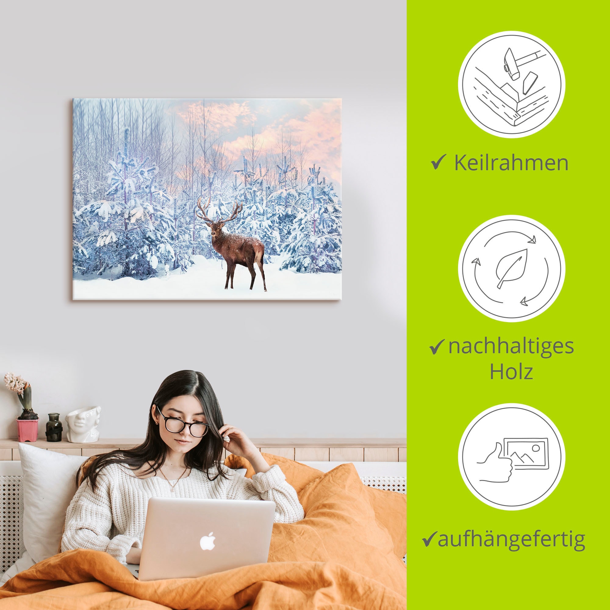Artland Wandbild »Hirsch im Winterwald«, Hirschbilder, (1 St.), als Leinwandbild, Poster in verschied. Größen