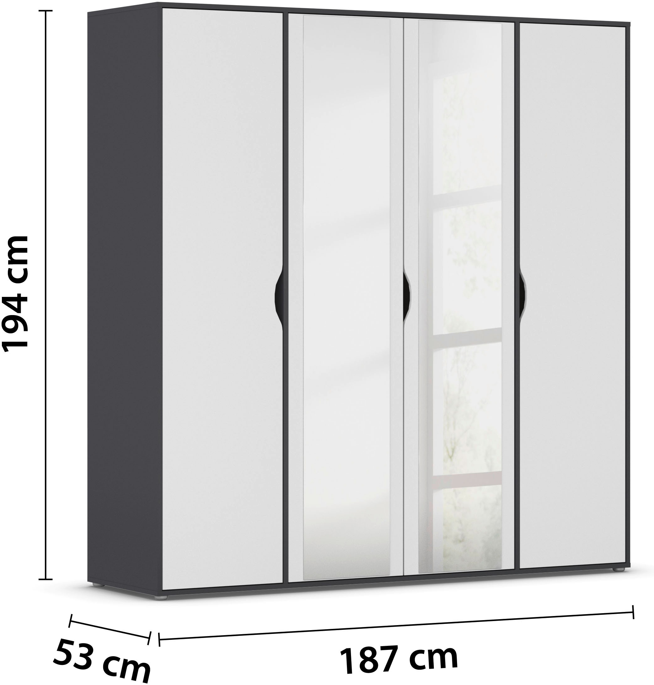 rauch Drehtürenschrank »Kleiderschrank Schrank Garderobe Wäscheschrank NARAI mit Spiegel«, (in 3 verschiedenen Ausstattungen BASIC/CLASSIC/PREMIUM), Griffausfräsungen für eine grifflose Optik TOPSELLER MADE IN GERMANY