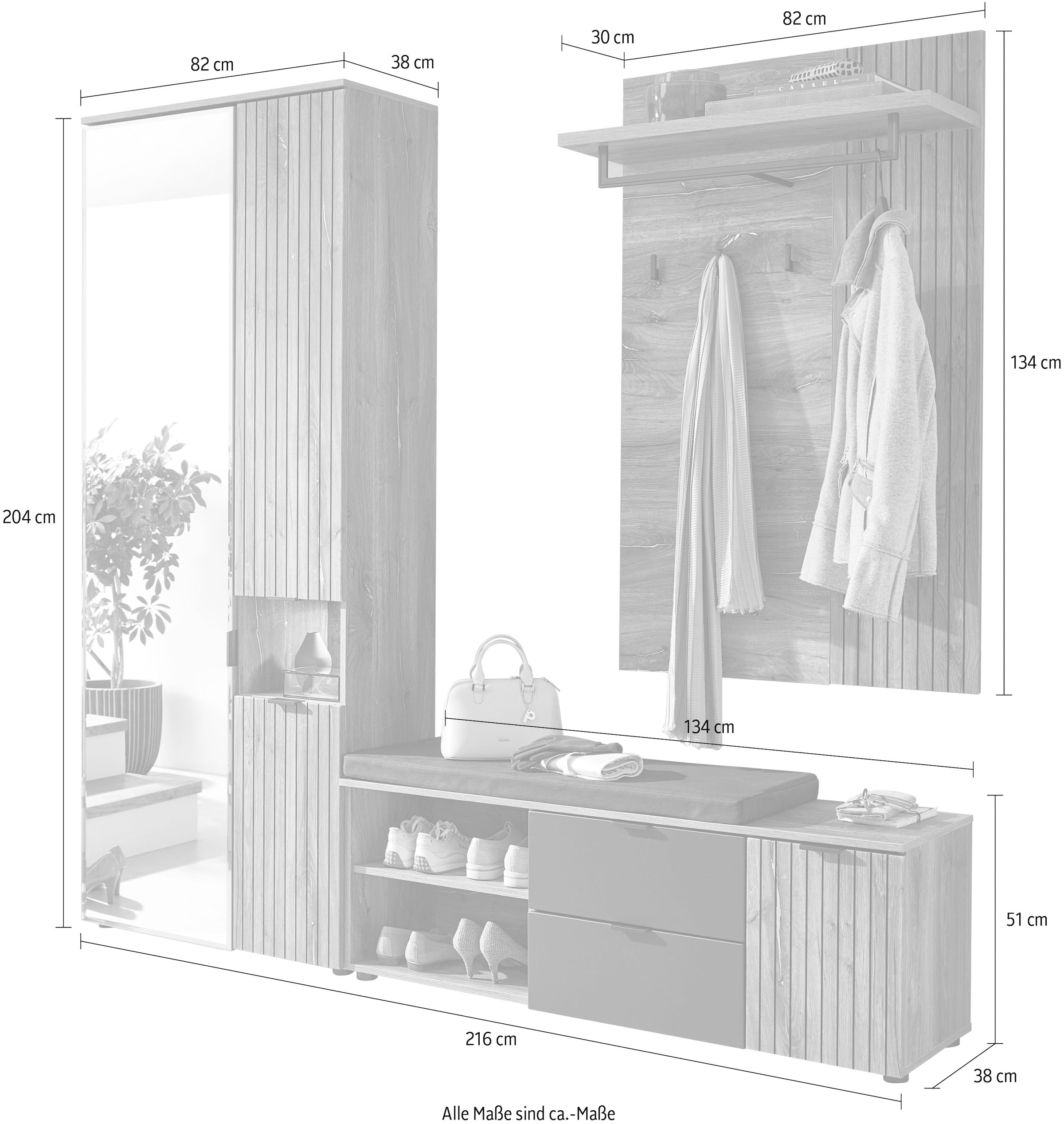 Innostyle Garderoben-Set »LINEA Garderoben Set,besteht aus 3 Typen, 216x204x38cm (B/H/T)«, (3 St.)