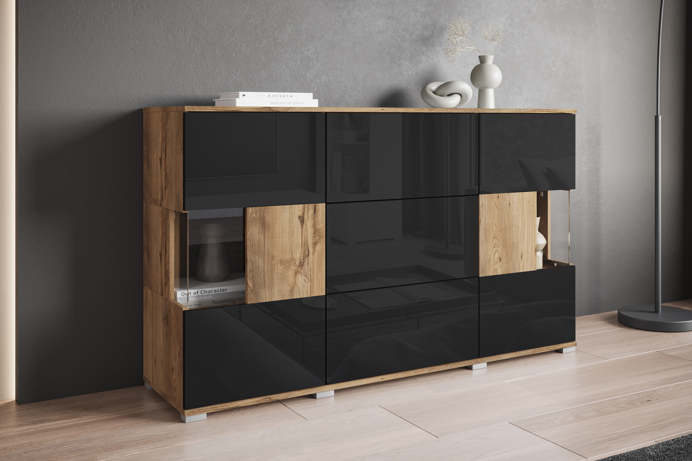INOSIGN Sideboard »Kenia«, (1 St.), Sideboard mit 3 Schubladen, 6 Fächern, Glastüren, Breite 150 cm