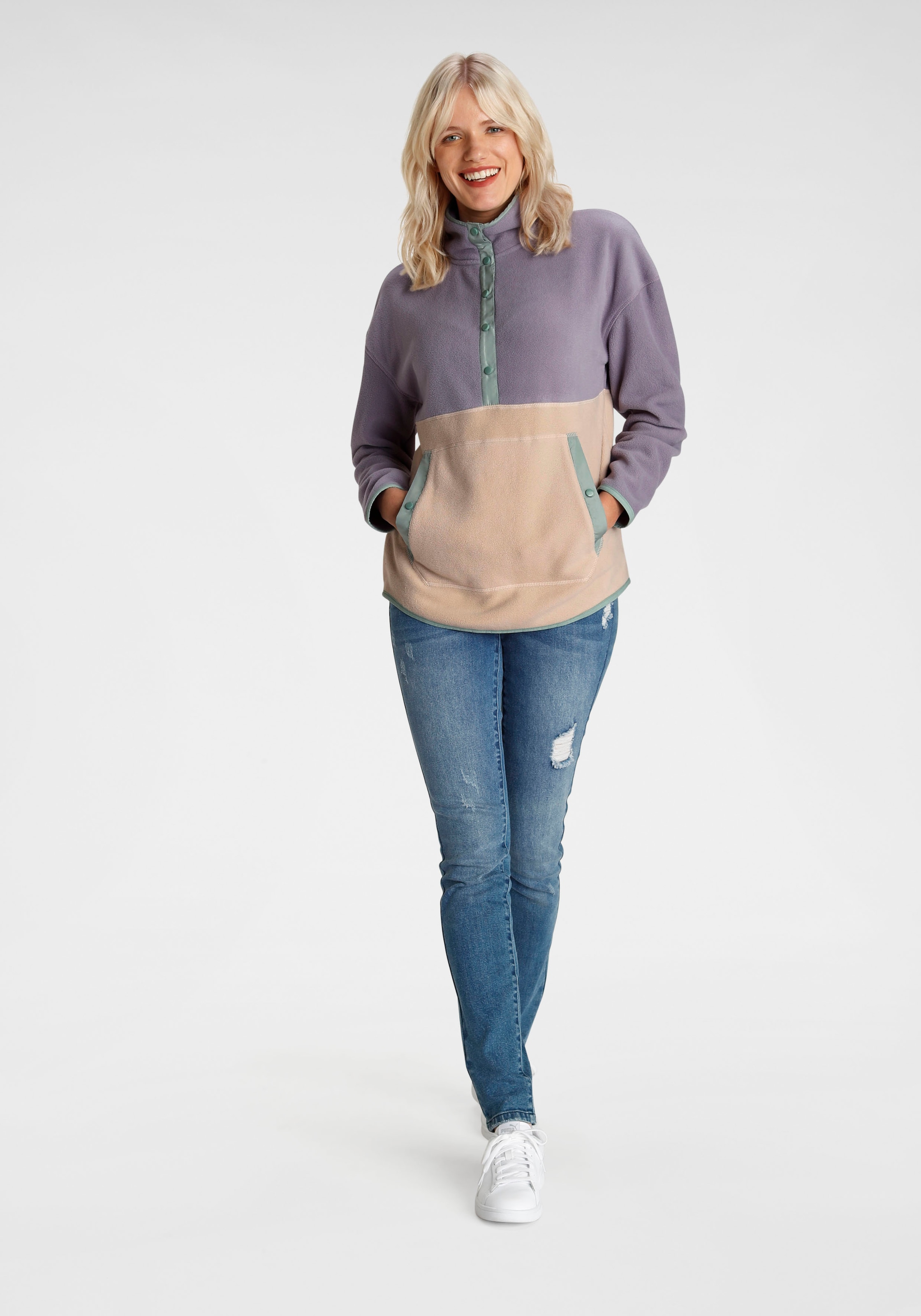 Polarino Fleecepullover, mit Colourblocking-Optik, mit Kängurutasche, aus Fleecestoff