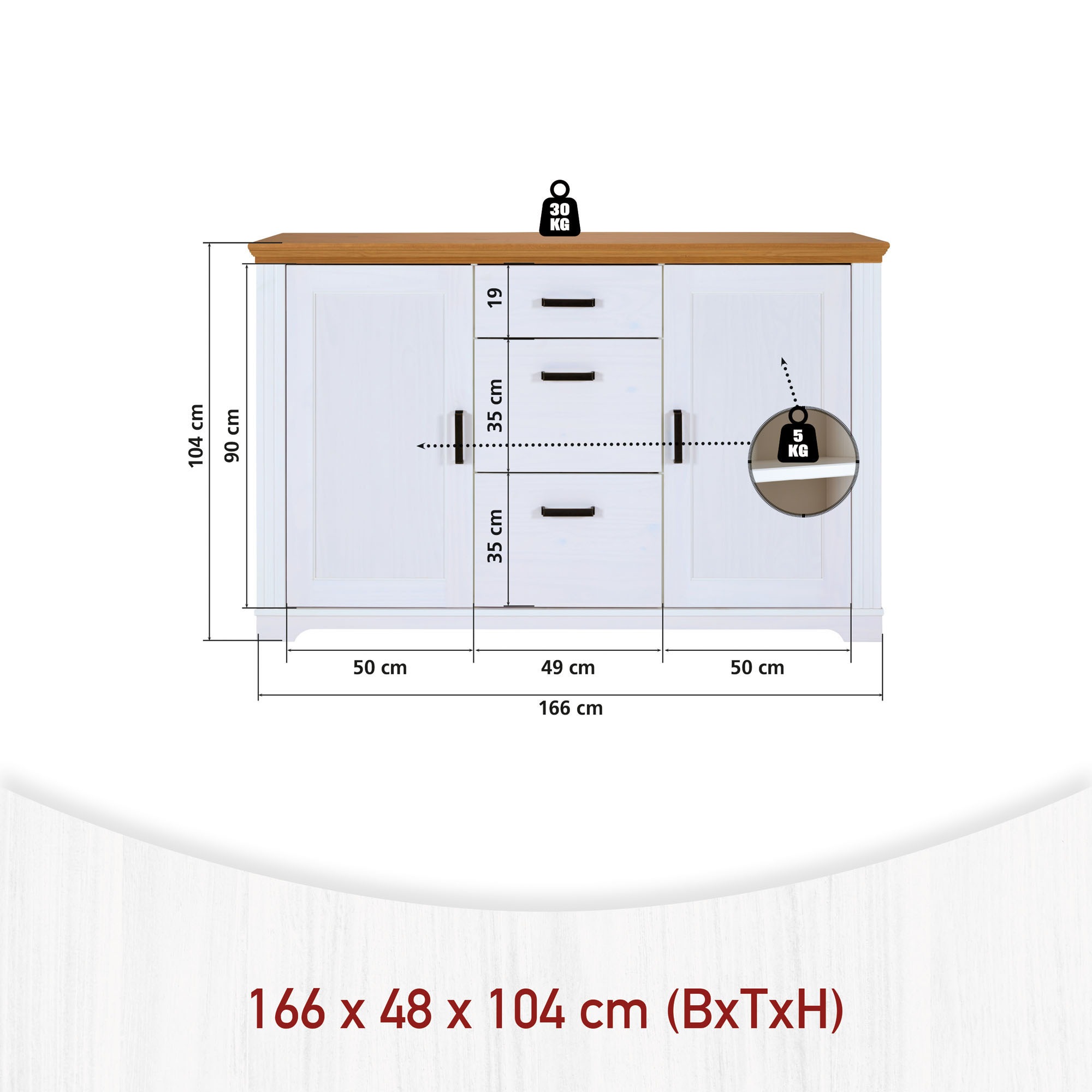 Inter Link Sideboard »Sideboard Maluno« 1 Stk. tlg. Kiefer Massiv, Soft-Close, Stauraum, BxTxH: ca. 166,4 x 48,3 x 104 cm