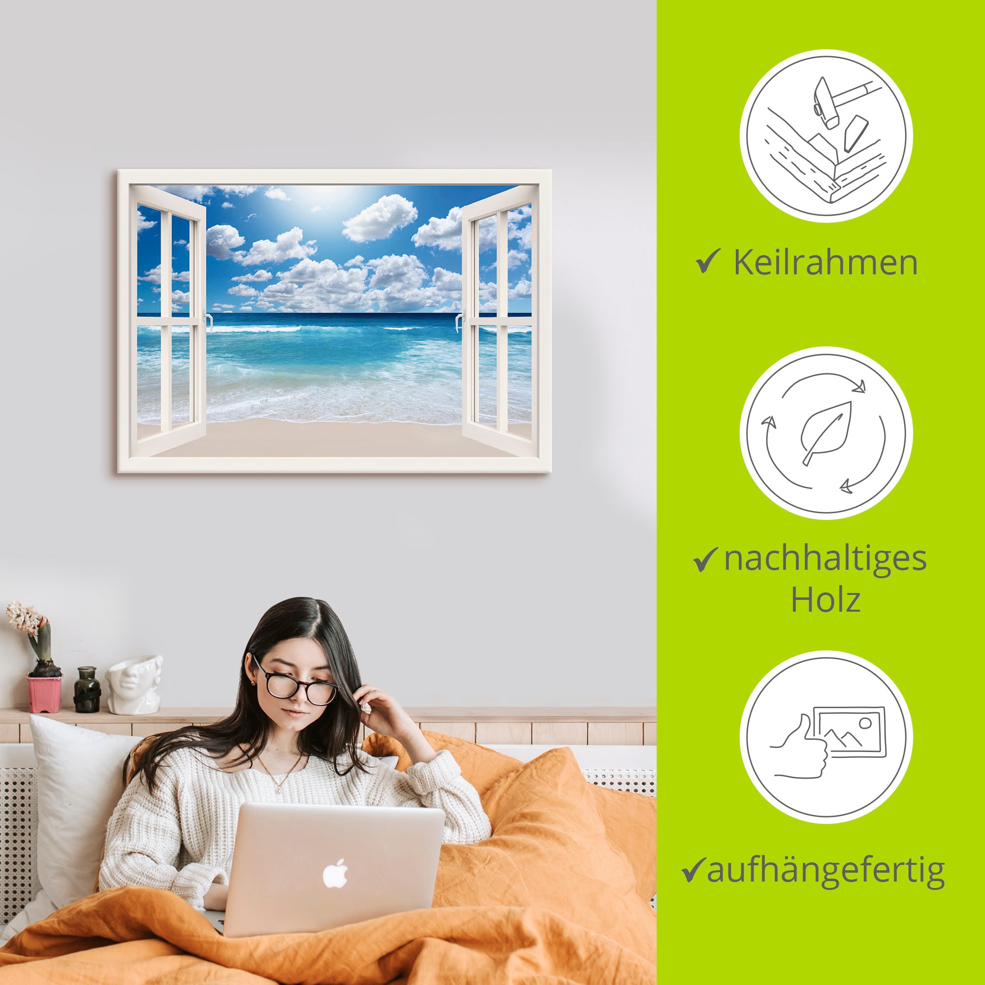 Artland Wandbild »Fensterblick Großartige Strandlandschaft«, Fensterblick, (1 St.), als Leinwandbild, Poster, Wandaufkleber in verschied. Größen
