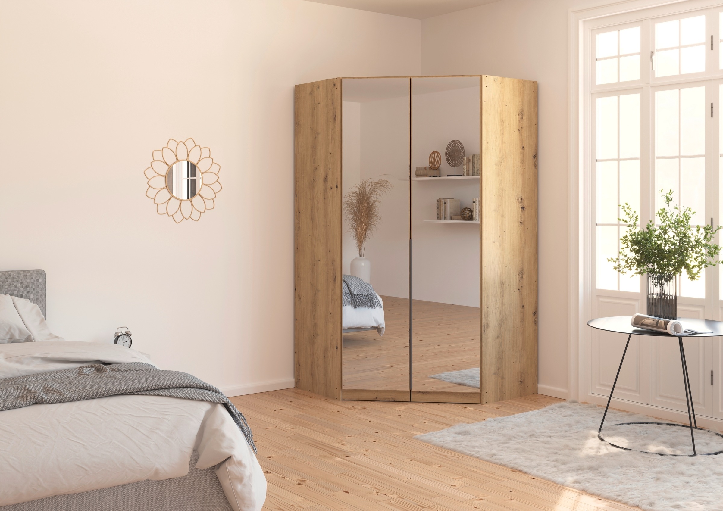 rauch Eckkleiderschrank »Kleiderschrank Schrank Ankleidezimmer Schlafzimmer Garderobe AGORDO«, (in zwei Griff-Farben), mit Spiegeltüren, voll ausgestattet mit viel Stauraum MADE IN GERMANY