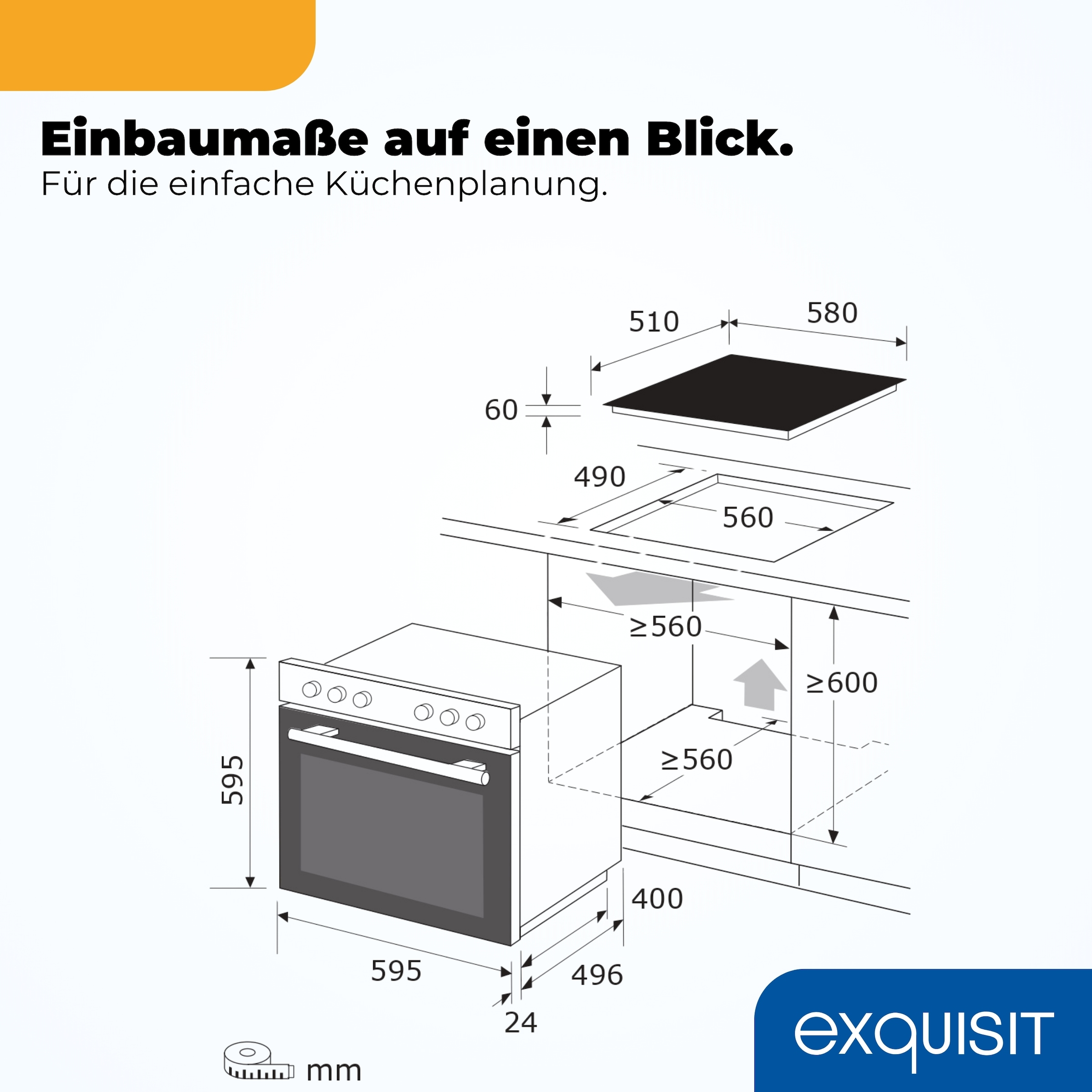 exquisit Backofen-Set »EHE346-120 Set mattschwarz« Backofen | Glaskeramikkochfeld, 2 Stk. tlg. Ober&Unterhitze mit 4-Zonen-Glaskeramikkochfeld – einfach & sicher!