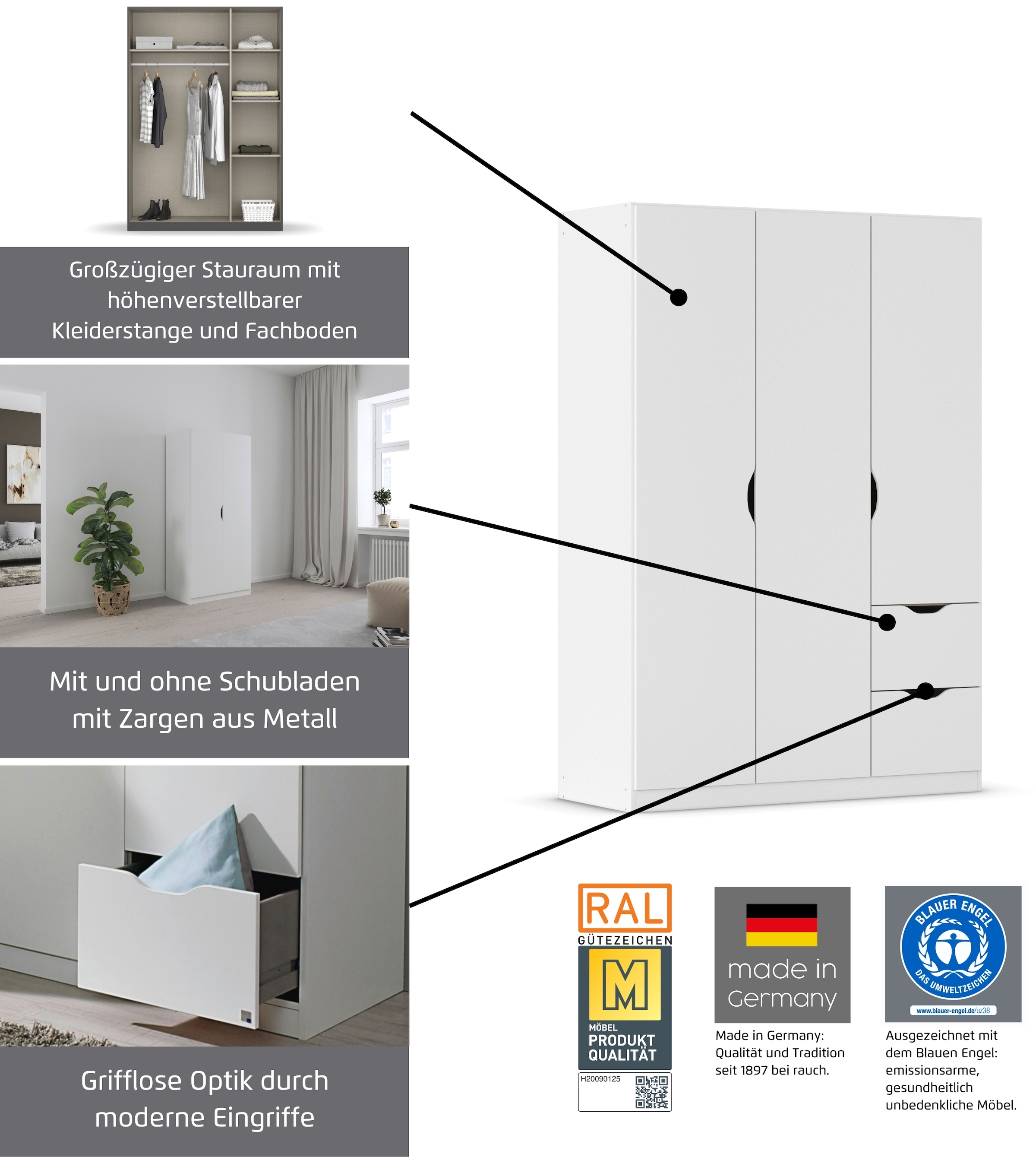 rauch Kleiderschrank »Freiham Drehtürenschrank Garderobe BESTSELLER« mit Spiegel und Schubkästen, Griffmulden,  Schlafzimmerschrank Schrank