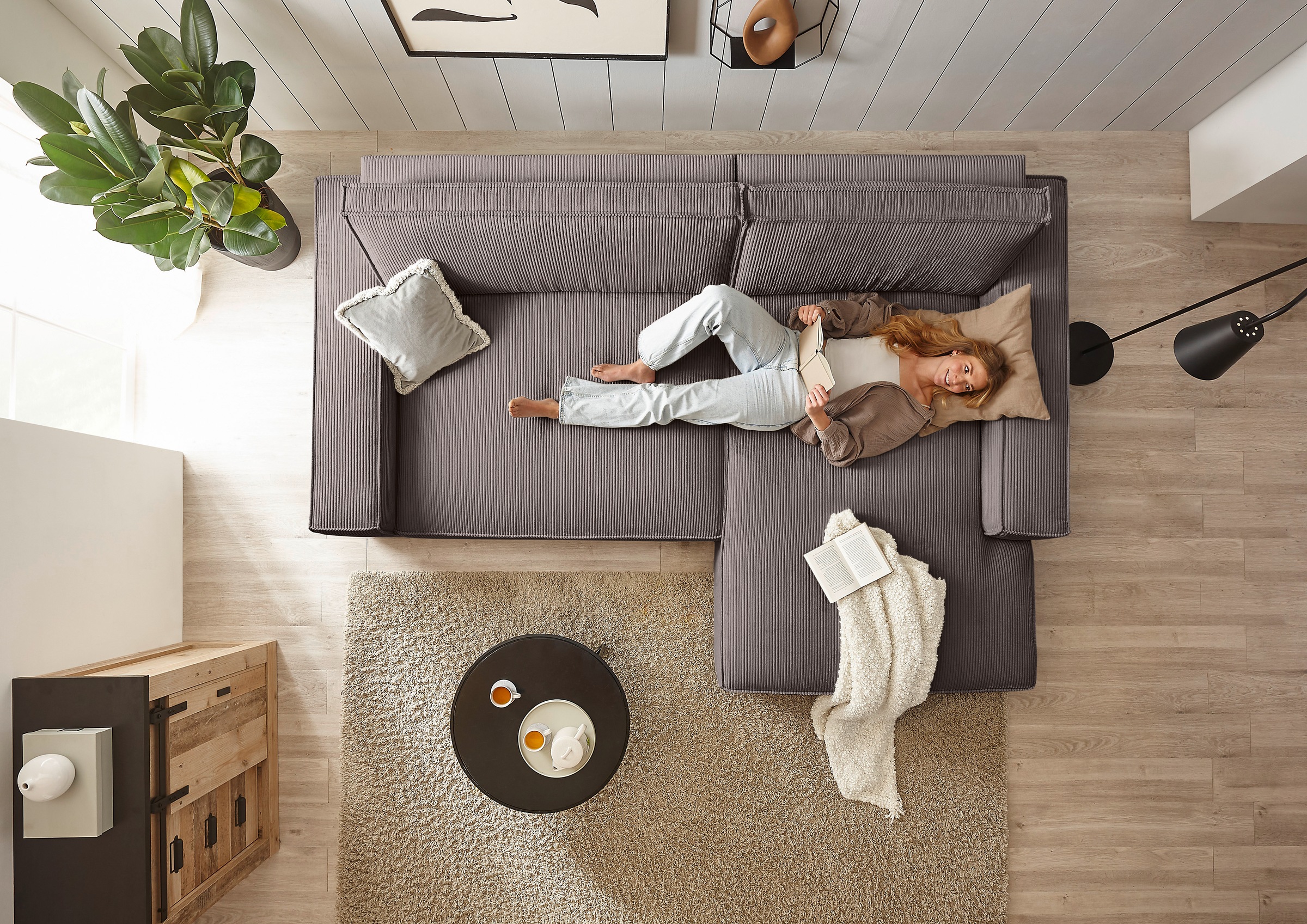 Home affaire Ecksofa »NEU: SHERWOOD XXL 284, Big-Sofa L-Form, tiefe Sitzfläche 95 cm, Cord«, Recamiere rechts/links, als Schlafsofa stellbar, Cord u. Leinenoptik