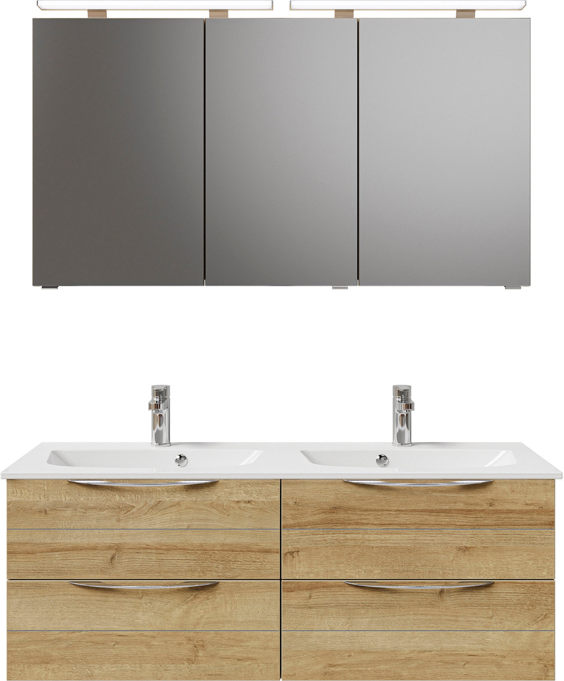Saphir Badmöbel-Set »Serie 6025 2-teilig Mineralmarmor-Waschtisch mit LED-Spiegelschrank«, (2 St.), Waschplatz 132cm breit, 4 Schubladen, 2 Spiegel-Türen, inkl Türdämpfer