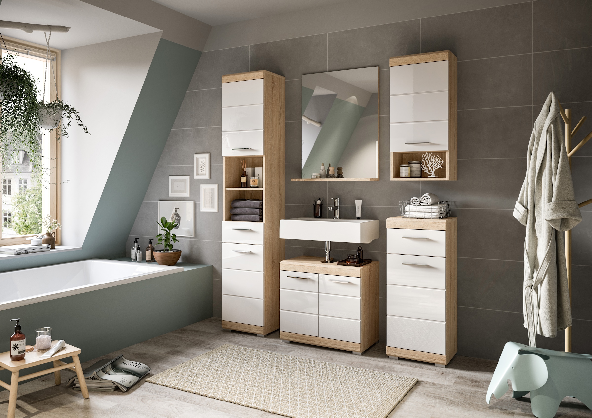 INOSIGN Badmöbel-Set »Siena, 3 teilig, bestehend aus:«, (Set), Hochschrank, Waschbeckenunterschrank, Spiegel