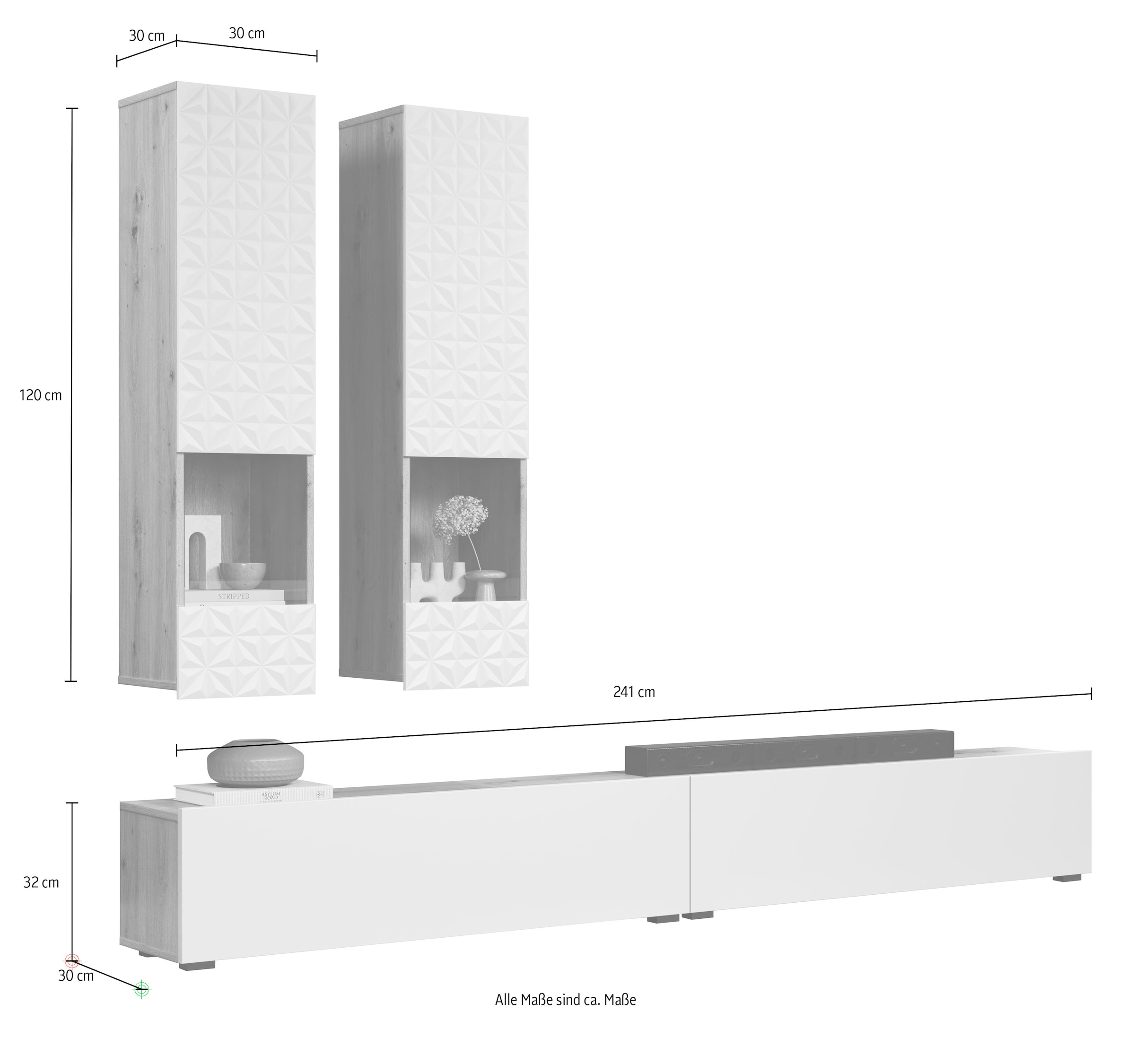 INOSIGN Wohnwand »Sylt, 2 Hängevitrinen mit Relief-Front«, (Komplett-Set, 3 St.), Lowboard je Br. 120 cm, stehend oder hängend