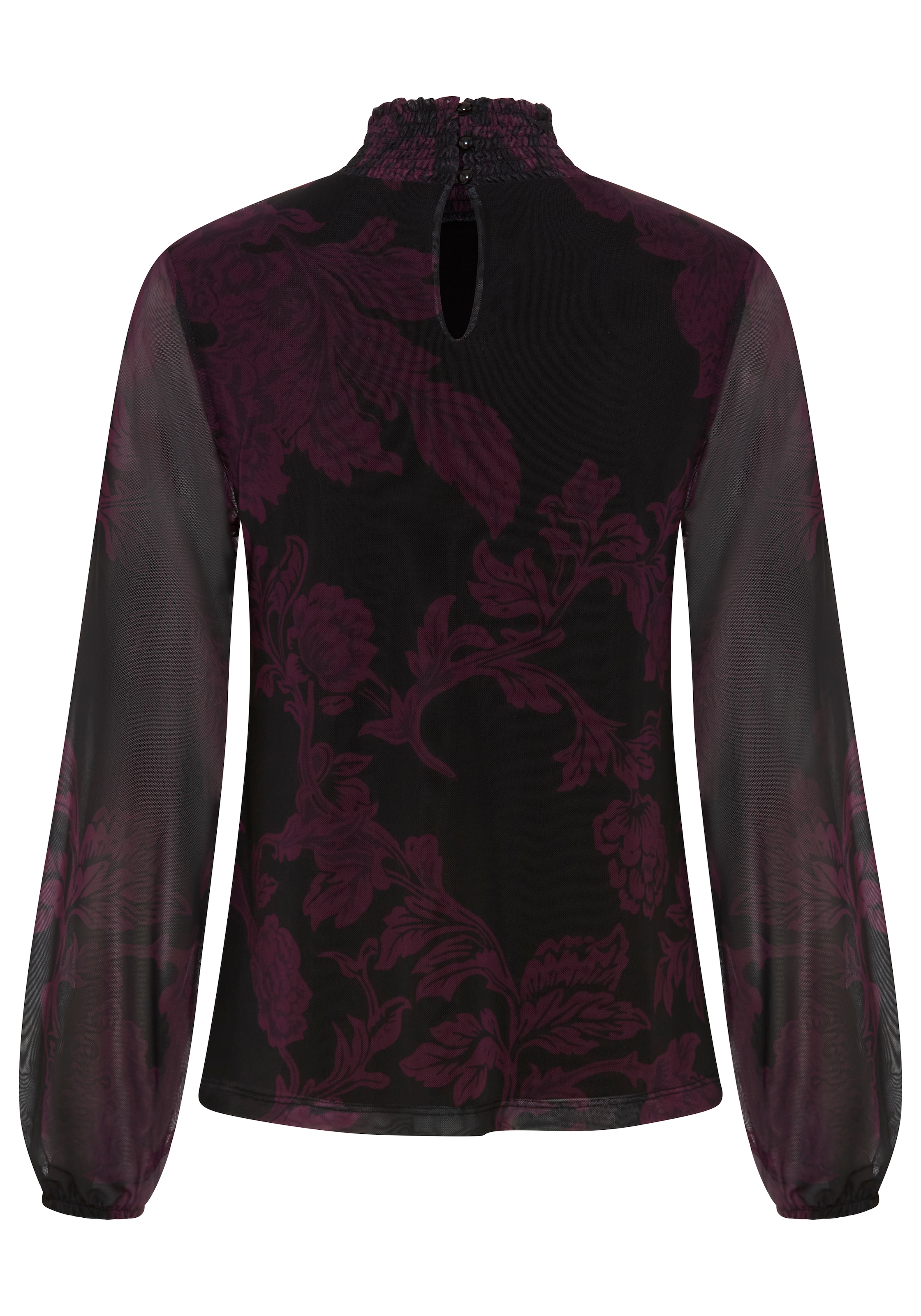 Bruno Banani Blusenshirt »aus weicher Mesh-Qualität mit Smok-Detail« und Stehkragen, hüftlange Form, figurbetonte Passform