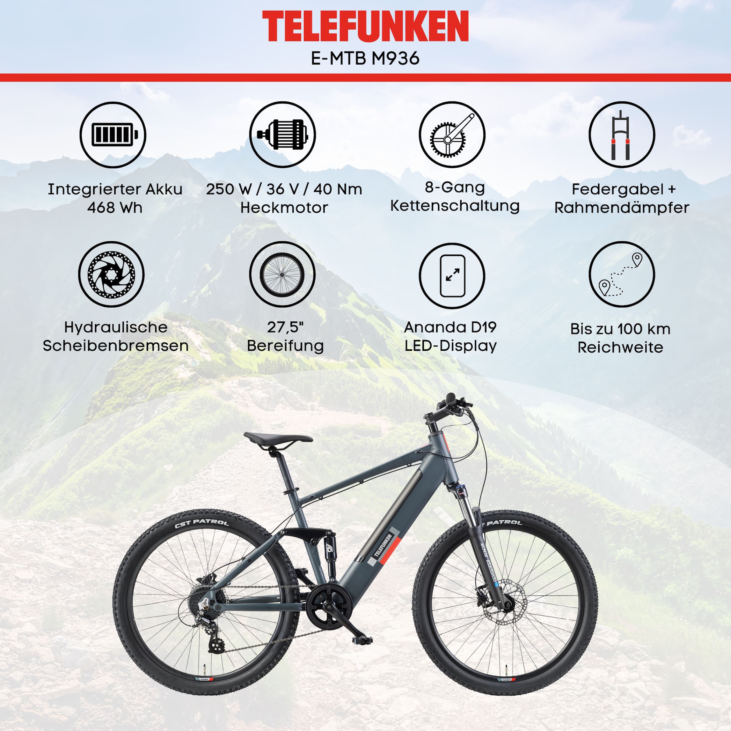 Telefunken E-Bike »Aufsteiger M936«, 8 Gang, Shimano, Altus, Heckmotor 250 W, Pedelec, Elektrofahrrad, Damen, Herren, MTB, Fully