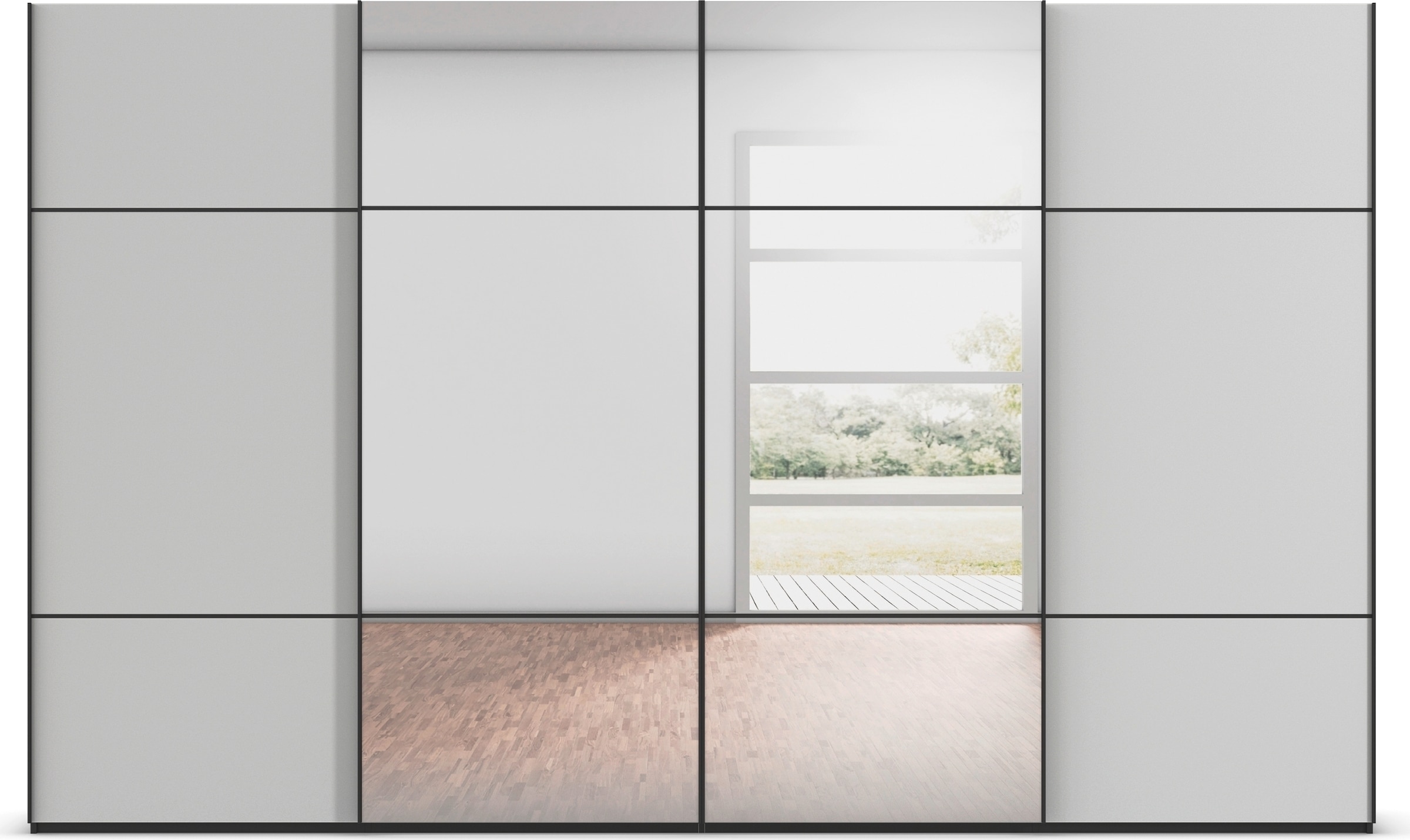 rauch Schwebetürenschrank »Kleiderschrank Schrank Garderobe Schlafzimmerschrank SCALE-TRIO«, edle dreigeteilte Front mit 2 Zierleisten Spiegel/Glas MADE IN GERMANY