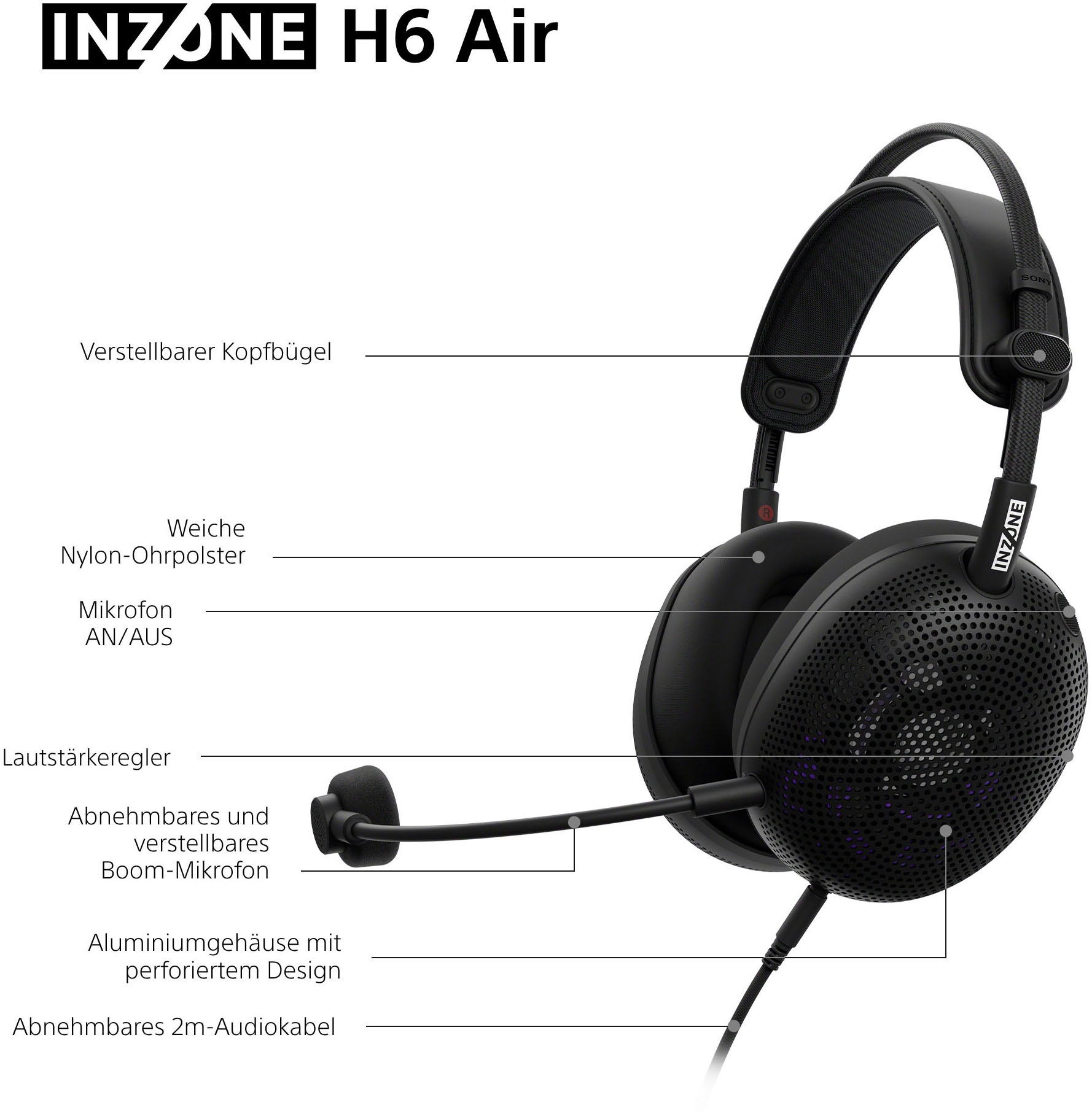 Sony Gaming-Headset »INZONE H6 Air« Stummschaltung 360 Spatial Sound, leichtes 199-g-Design, abnehmbares Bügelmikrofon