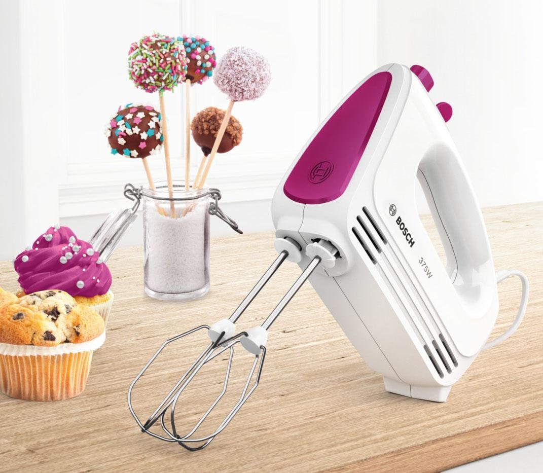 BOSCH Handmixer »CleverMixx MFQ2210P, Edelst. Rührbesen/Knethaken, 4 Stufen, weiß/pink«, 375 W, Turbotaste, ergonomischer Griff, Auswurftaste, Made in Europe