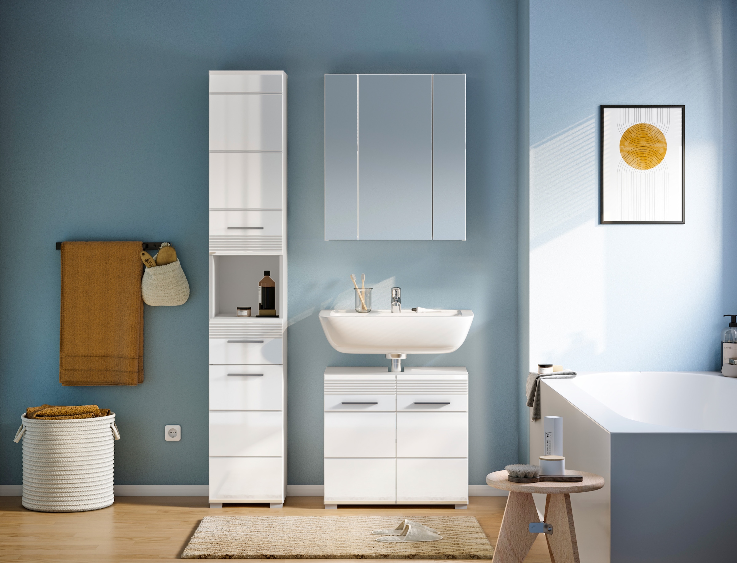 INOSIGN Badmöbel-Set »Malmö, 3 teilig, bestehend aus:«, (Set, 3 St.), Hochschrank, Waschbeckenunterschrank, Spiegel