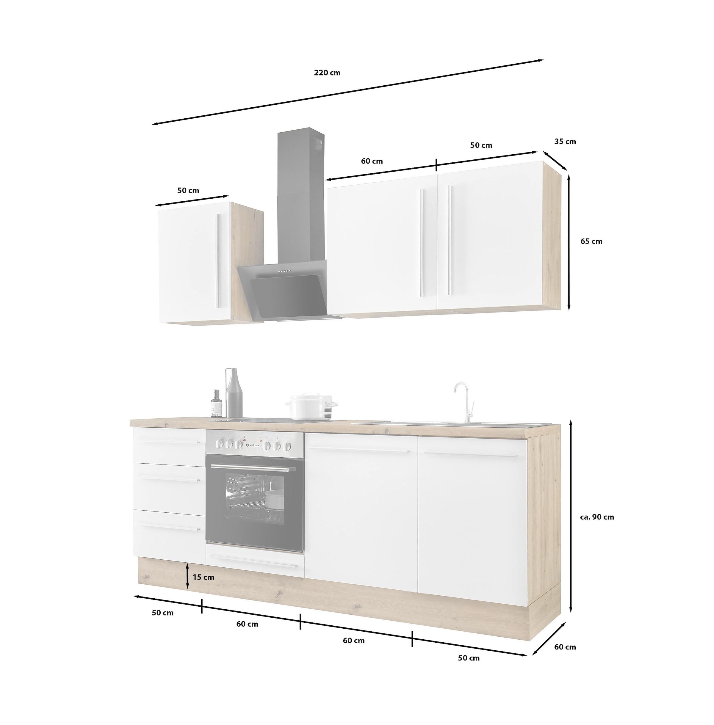KOCHSTATION Küchenzeile »KS-Florida mit 38mm starker Arbeitsplatte«, Breite 220 cm, wahlweise mit E-Geräten, Soft-Close-Funktion