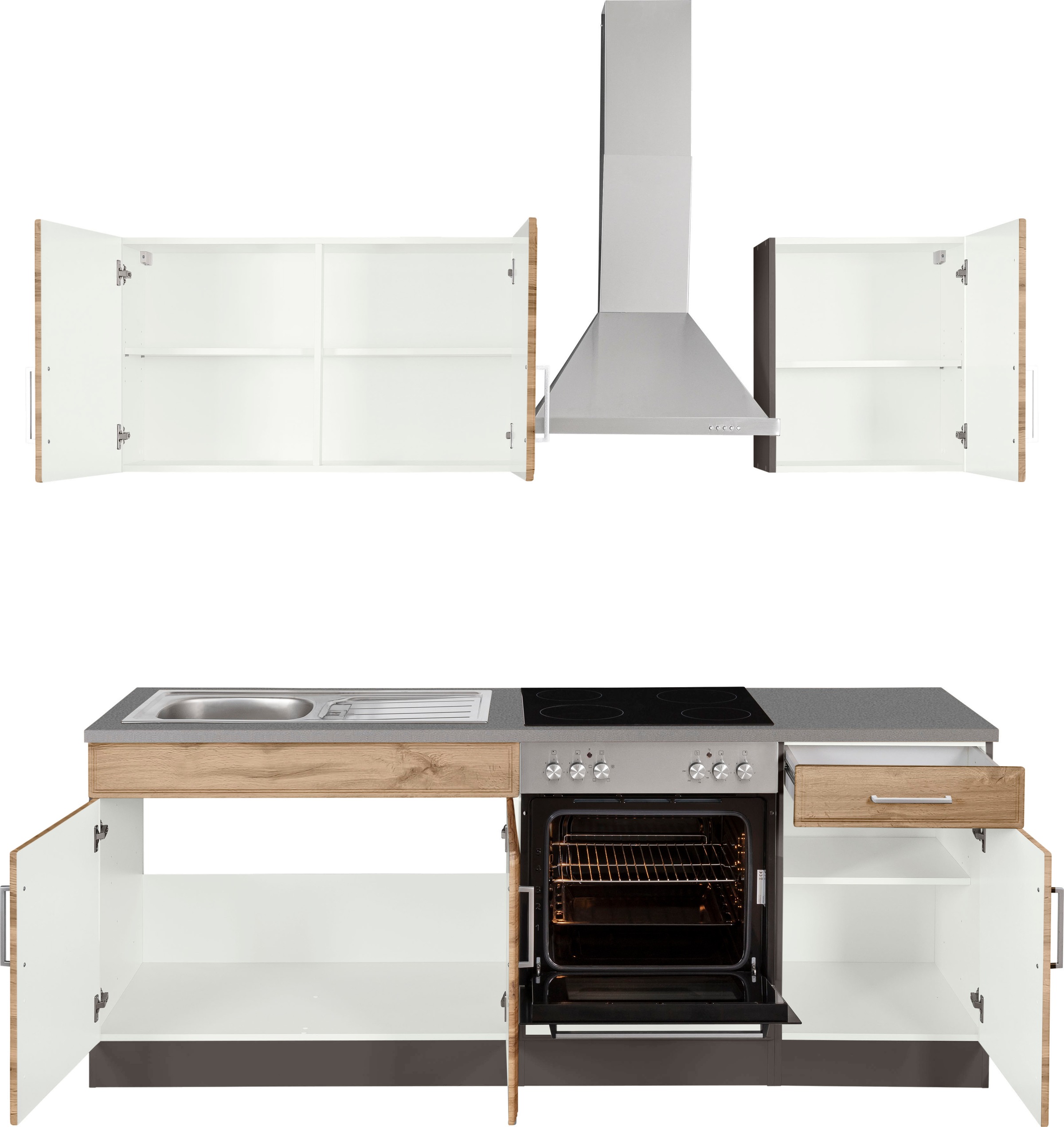 KOCHSTATION Küchenzeile »KS-Stockholm«, Breite 210 cm, mit hochwertigen MDF Fronten im Landhaus-Stil