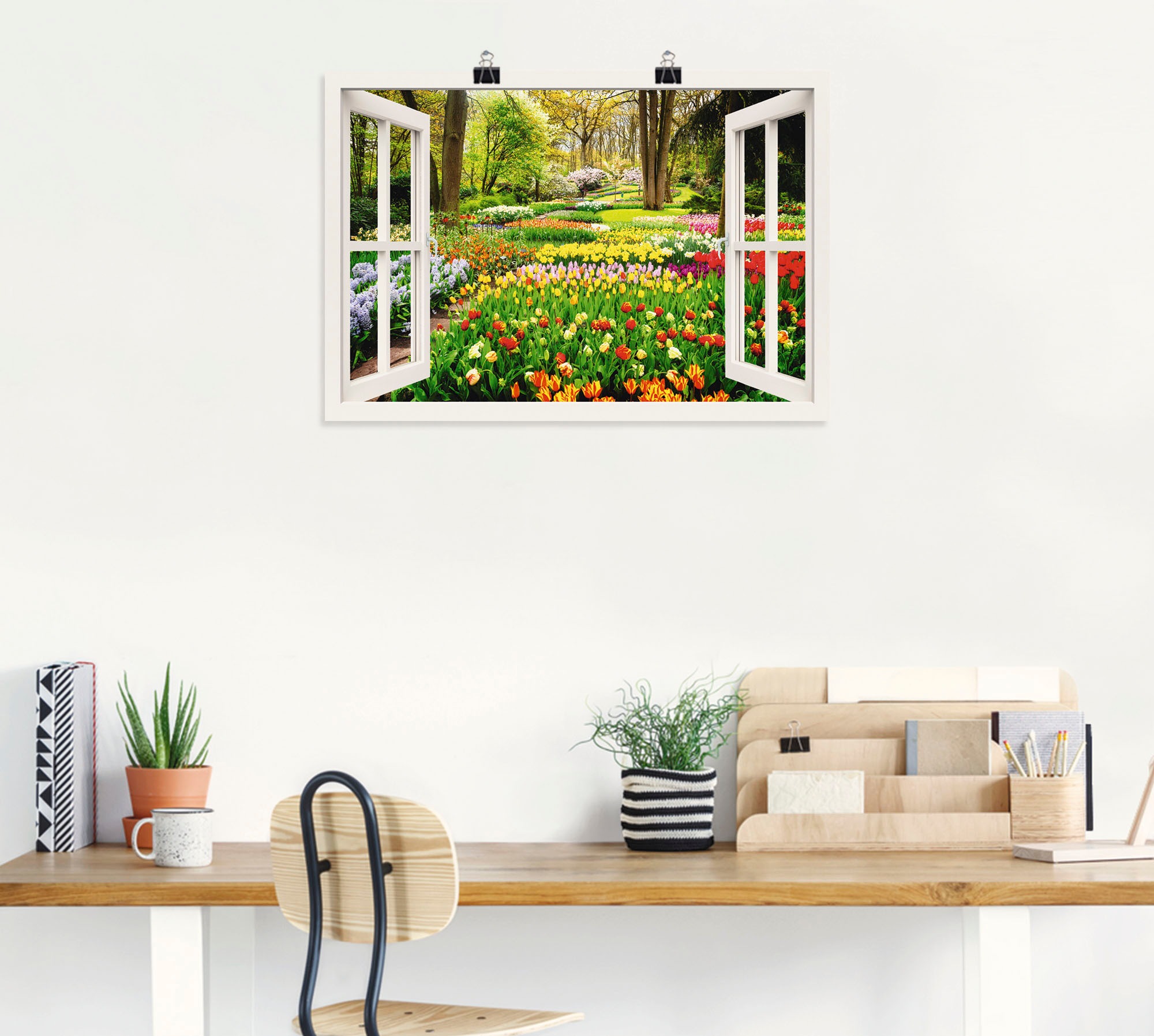 Artland Wandbild »Fensterblick Tulpen Garten Frühling«, Fensterblick, (1 St.), als Alubild, Outdoorbild, Leinwandbild, Poster, Wandaufkleber