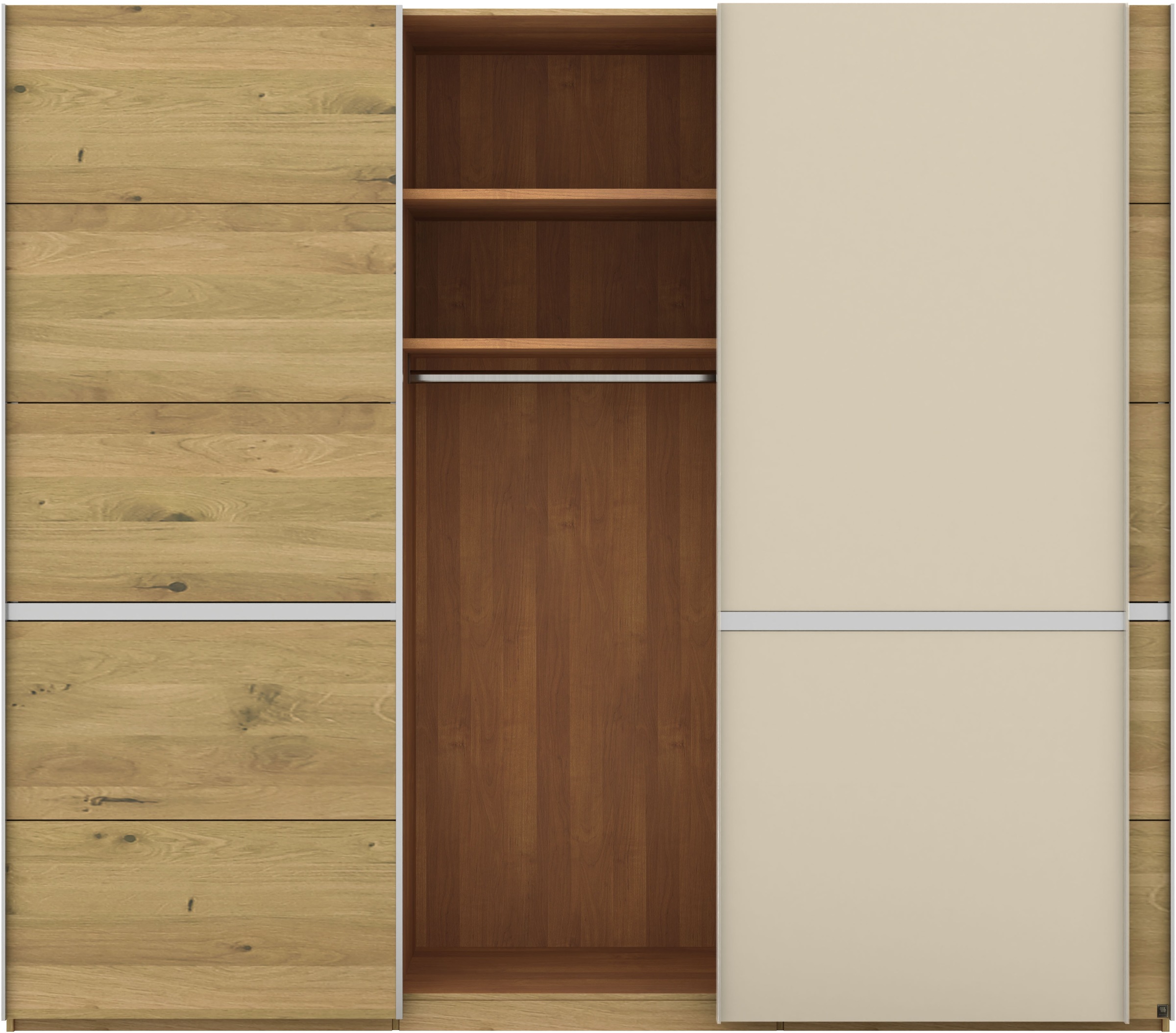 Musterring Schwebetürenschrank »Savona, Kleiderschrank, Schrank, Garderobe, mit Schiebetüren«, (Teilmassiv Bianco-Eiche, mit Spiegel oder Glas, MADE IN GERMANY), Türen Bianco-Eiche massiv, Spiegel-/Glastüren, eingelegte Chromleiste
