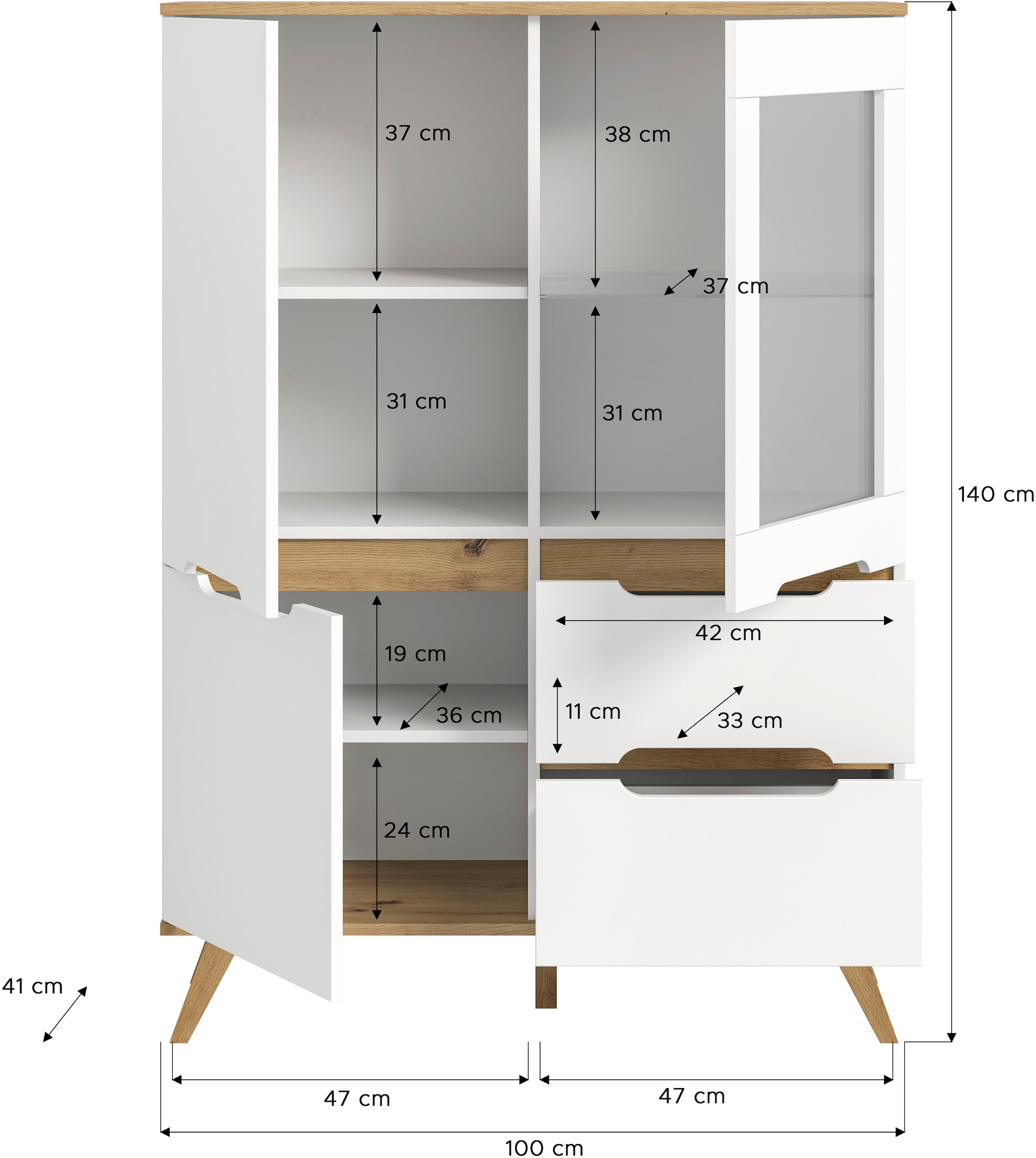 Home affaire Highboard »Alesund, Höhe 140cm, 2 Türen, 1 Schubkasten,konischer Fuß, Scandi-Look«, Anrichte, Schrank, Kommode, Midischrank, Wohnmöbel, Wohnzimmer