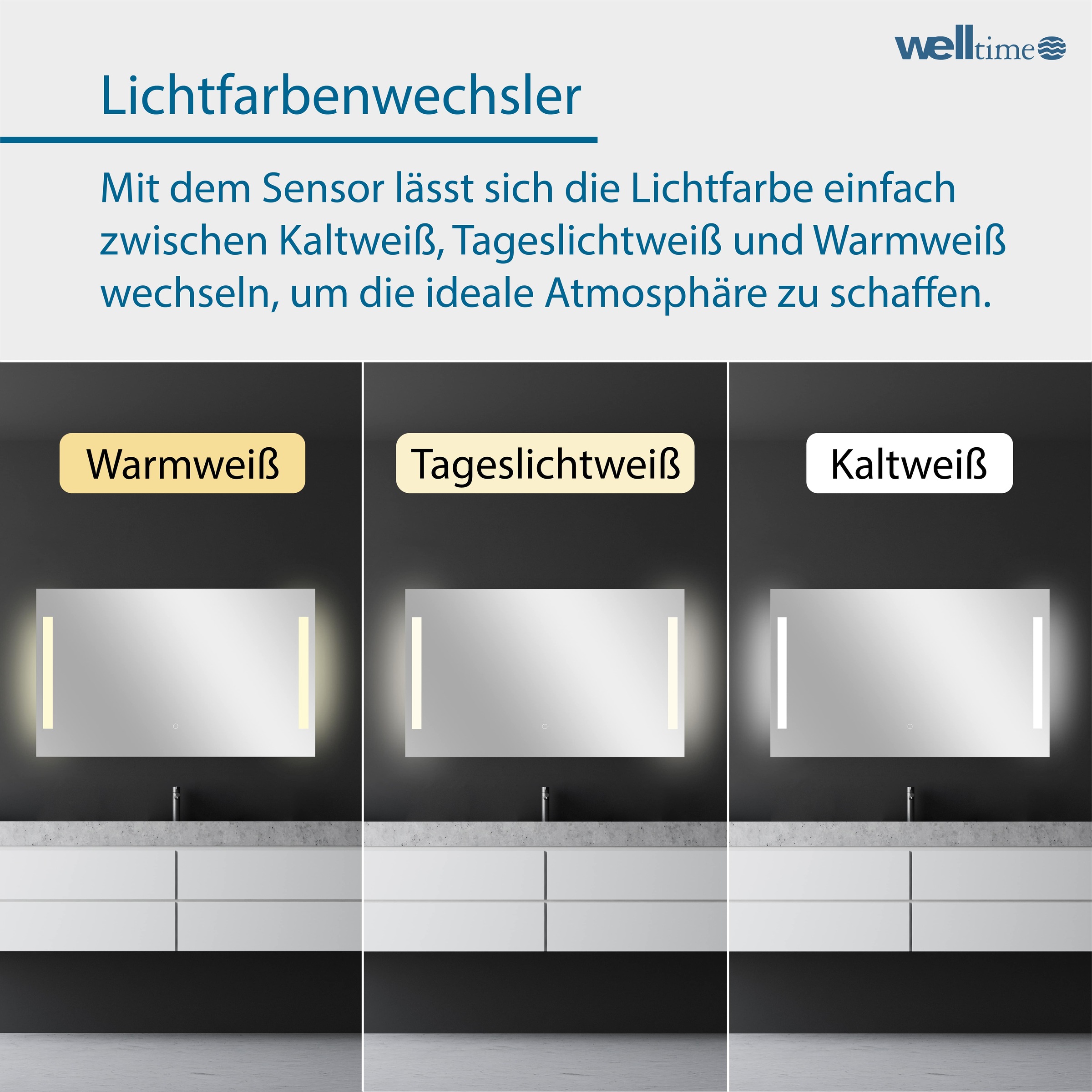 welltime LED-Lichtspiegel »Plaza«, mit Lichtfarbenwechsler und Dimmschalter, in verschiedenen Größen