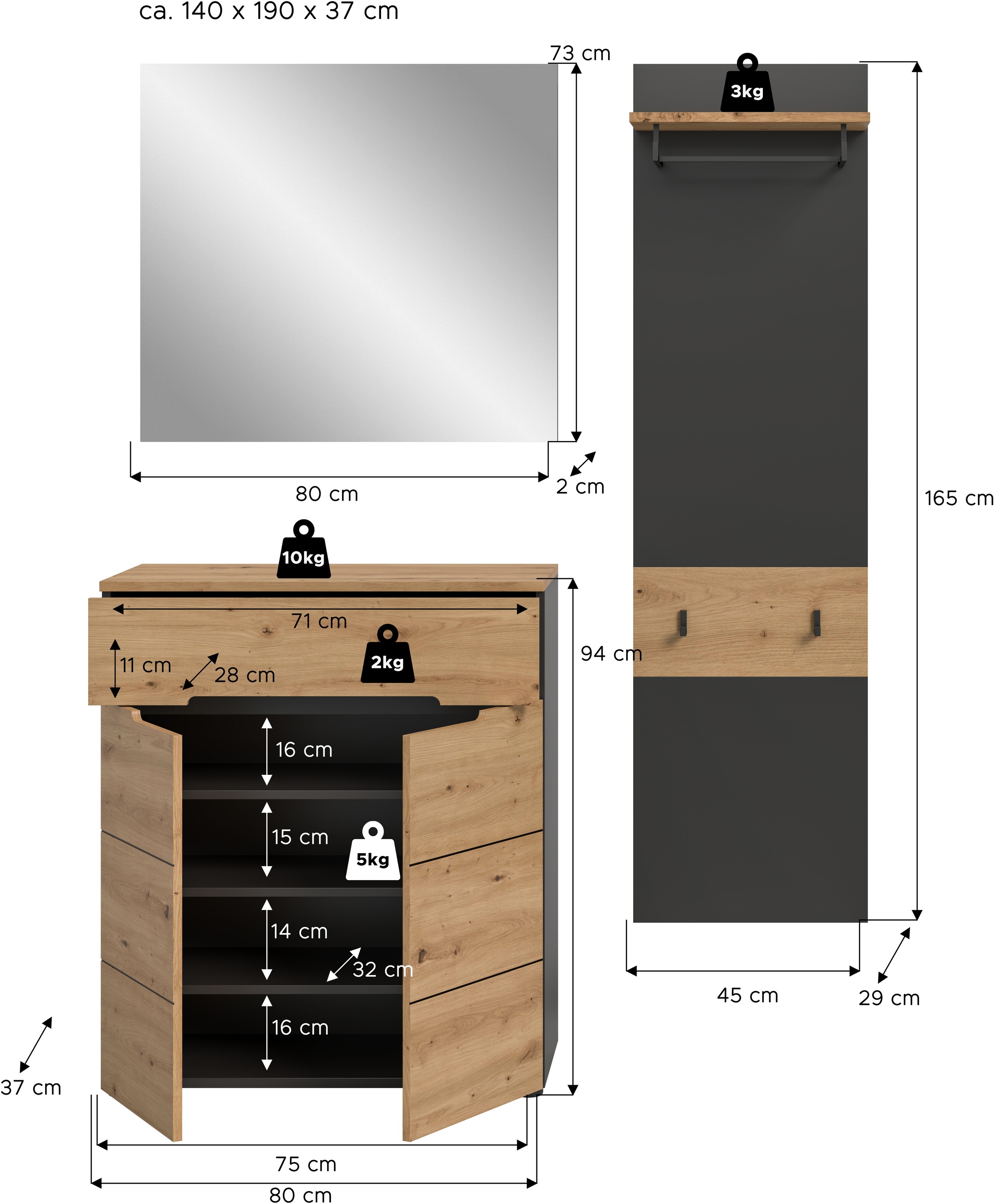INOSIGN Garderoben-Set, (Set, 3 St., bestehend aus: Kommode, Spiegel und Garderobenpaneel), Garderobenkombination, Kombination, Set, Flurgarderobe, Diele