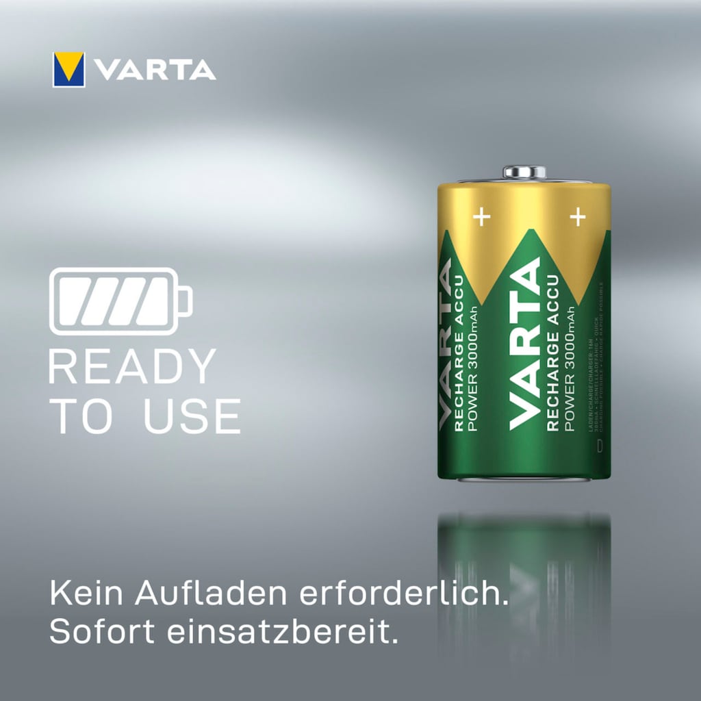 VARTA Batterie »RECHARGE ACCU Power vorgeladener D Mono NiMH Akku (2er Pack, 3000mAh)«, 1,2 V, (2 St.)