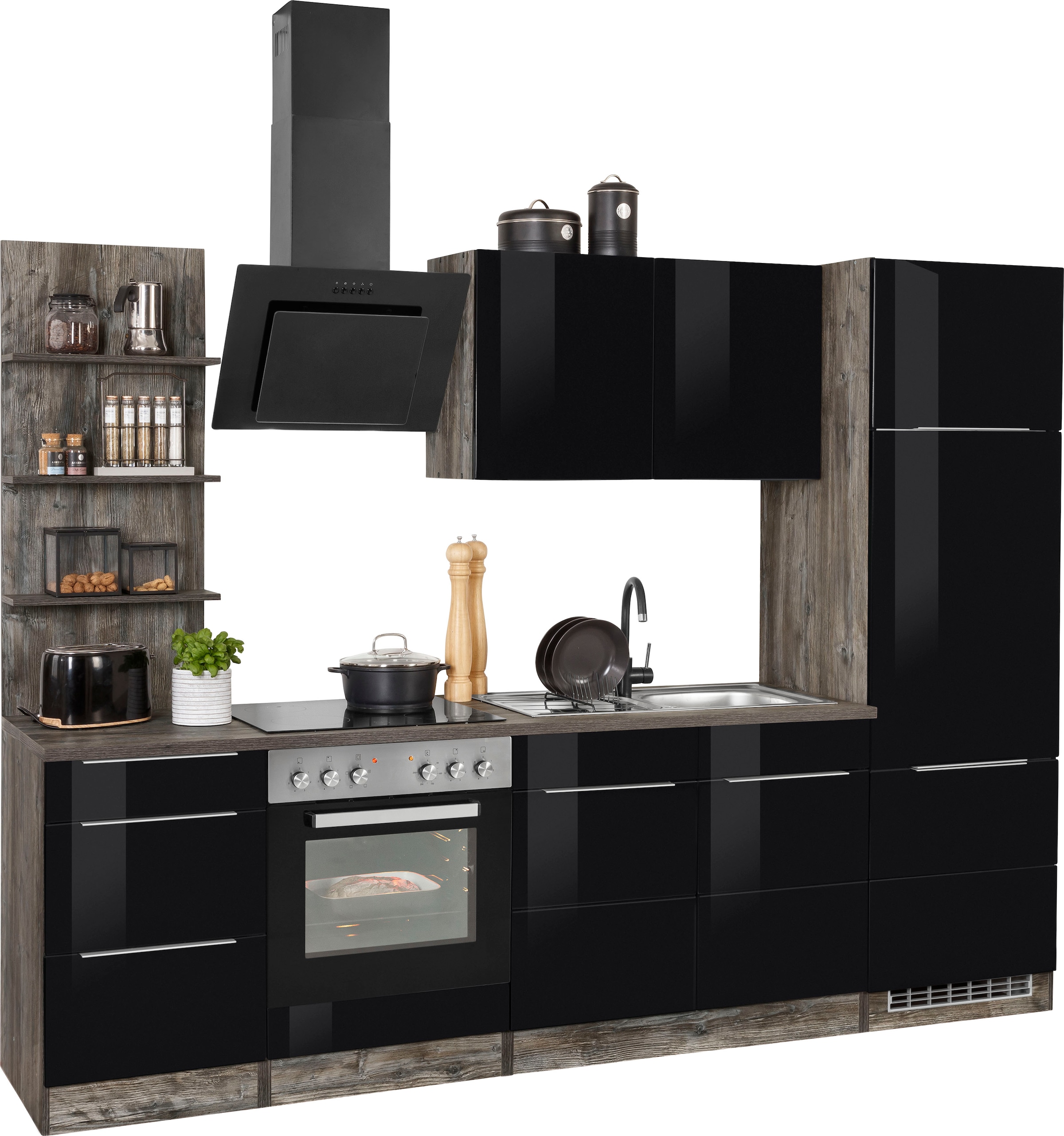KOCHSTATION Küchenzeile »KS-Brindisi«, Breite 270 cm, wahlweise mit E-Geräten, mit MDF-Fronten und Regal
