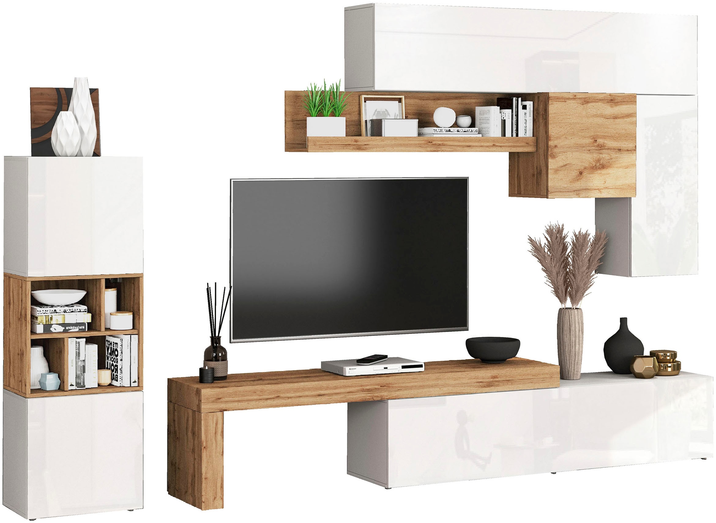 INOSIGN Wohnwand »Chronos Wohnwand, Medienwand, 8-er set«, (Set, 8 St.), ca. 320 cm mit Hängeschränke, Würfel, Regal, Lowboard, Made in Italy
