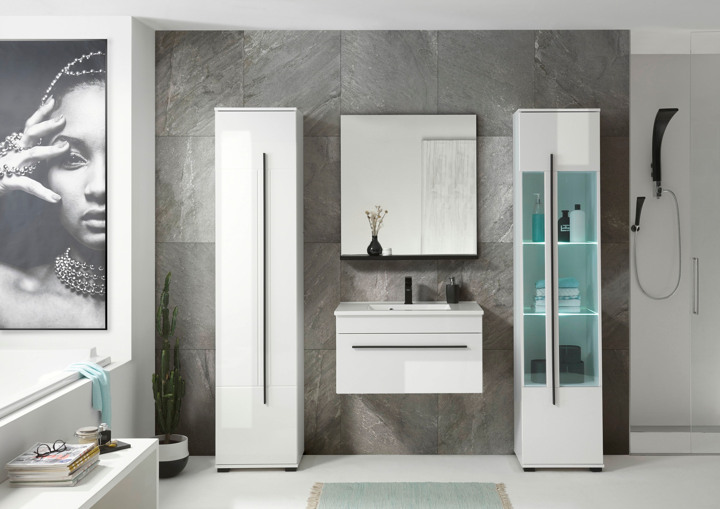 INOSIGN Hochschrank »Cantara, Badschrank in Hochglanz Weiß, Hochschrank im modernen Design«, mit schwarzen Griffen, ausreichend Stauraum