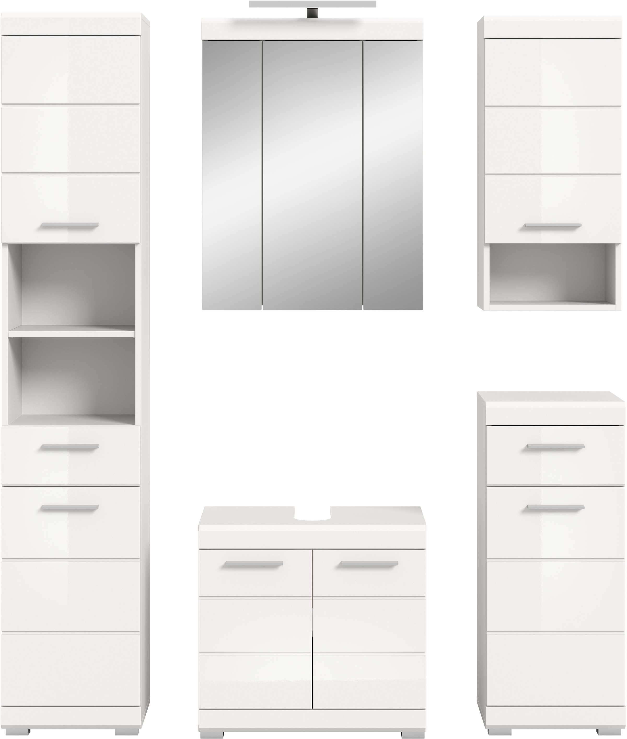 INOSIGN Badmöbel-Set »Siena, 5 teilig, inklusive LED Beleuchtung, bestehend aus:«, (Set), Hochschrank, WBU, Spiegelschrank, Unterschrank, Hängeschrank