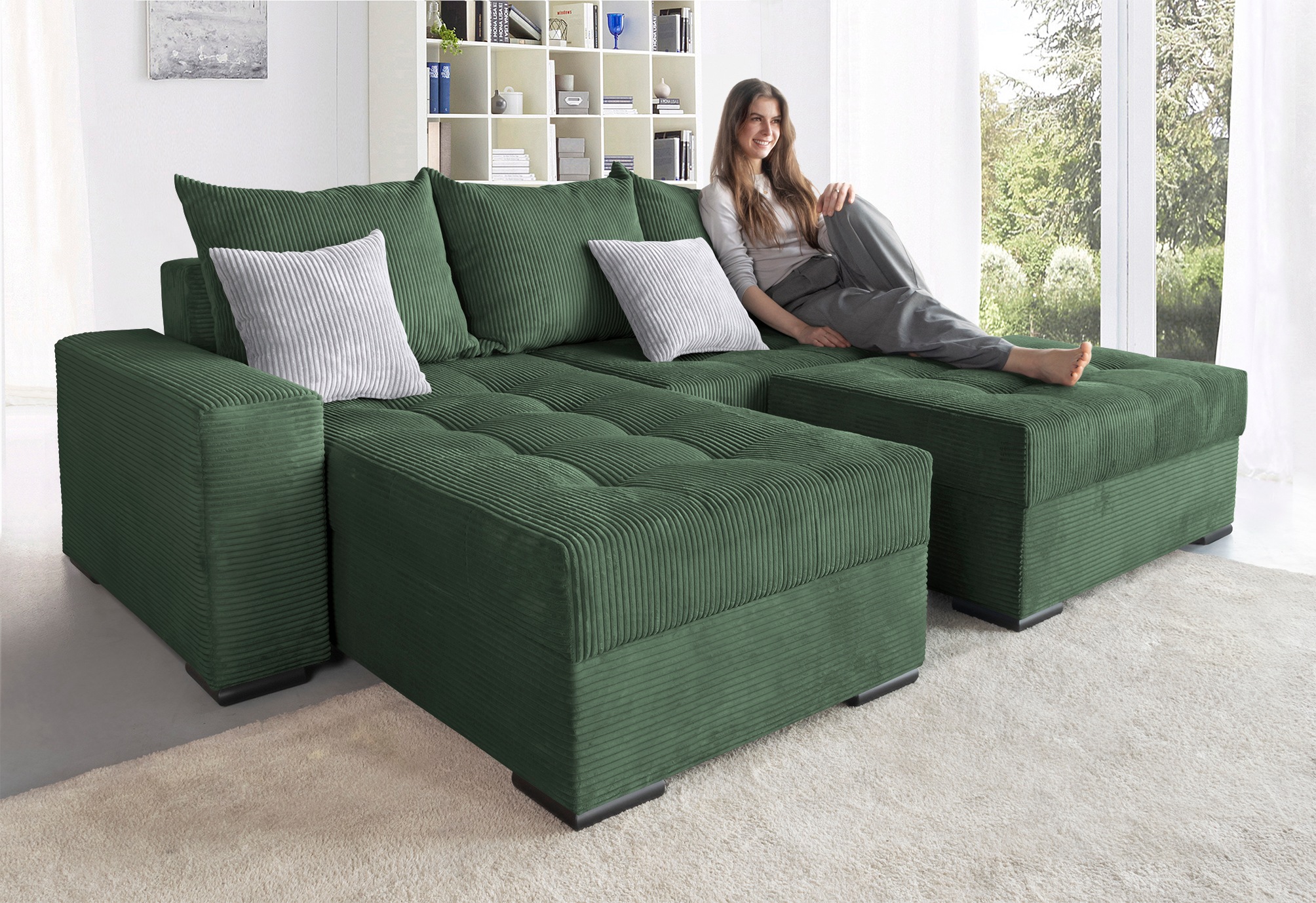 COLLECTION AB Ecksofa »Josy L-Form, Breite 214 cm, mit 3 großen Rückenkissen«, (Cord-/Mix), mit Bettfunktion und Bettkasten, Federkern