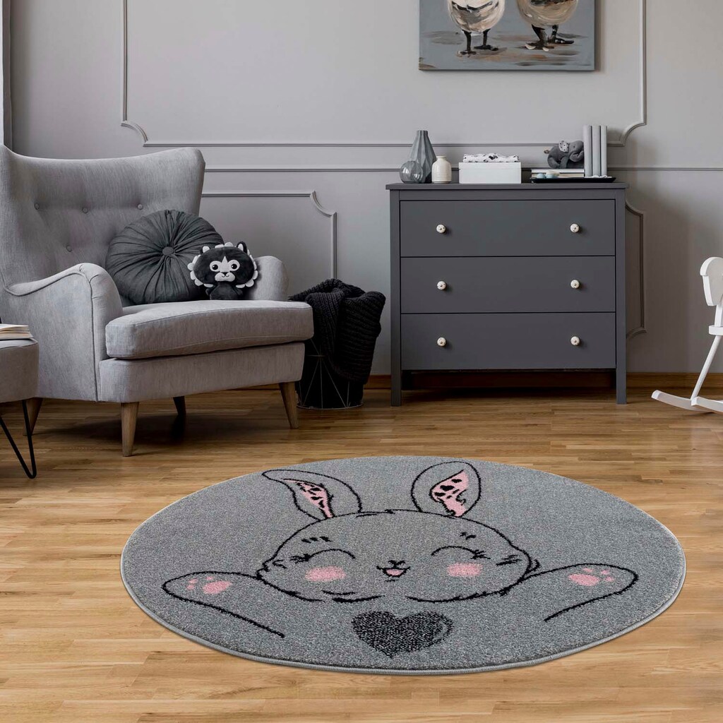 Carpet City Kinderteppich »Savanna 9379«, rund, Spielteppich, Teppich, Hase, Grau, für Kinderzimmer, Kurzflor
