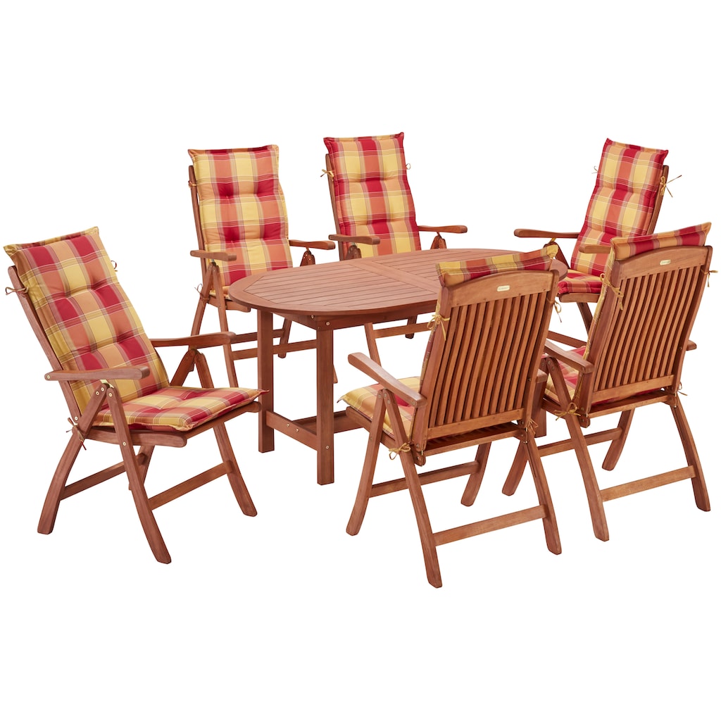 MERXX Garten-Essgruppe »Maracaibo«, (13 tlg., 6xKlappsessel, inkl. Auflagen, 1x Ausziehtisch 160(210)x90 cm)