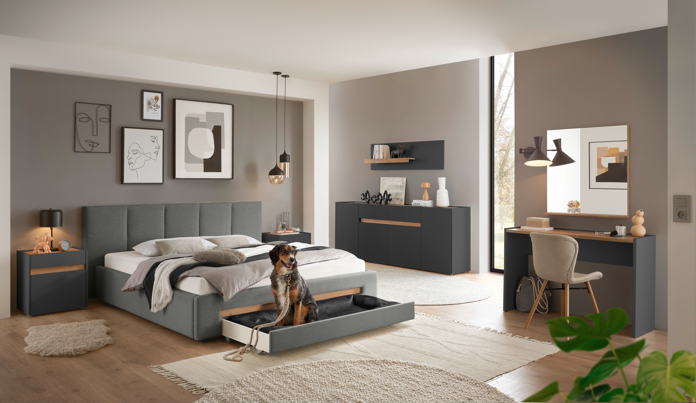 INOSIGN Polsterbett »CiTY/GiRON, Bettgestell mit Bettkasten, gepolstertes Stauraumbett«, mit Hundebett oder Stauraumschublade, Bezug Cord-oder Leinenoptik